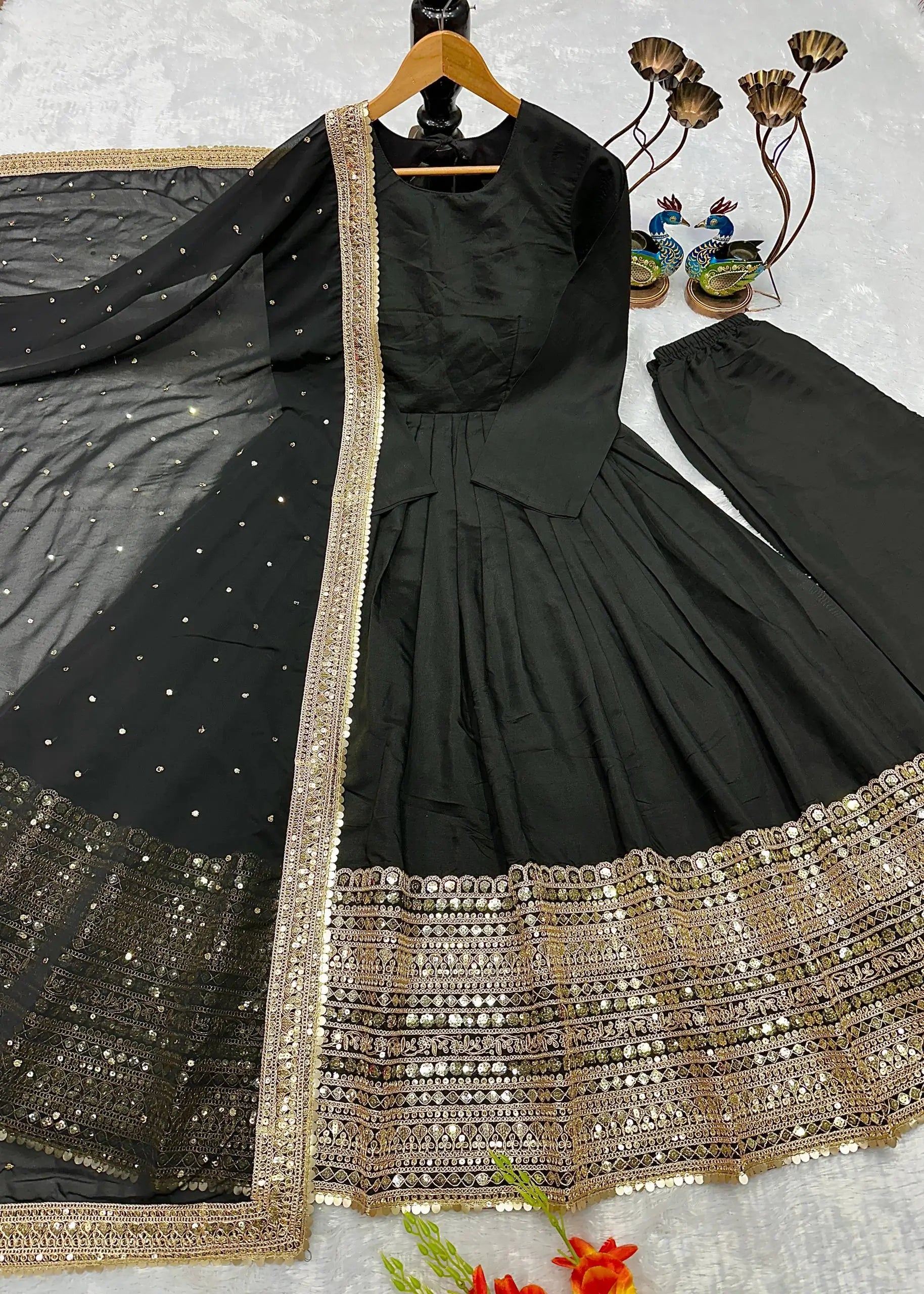 Heavy Sequence Work Border Roman Silk Anarkali set With Dupatta For Partywear