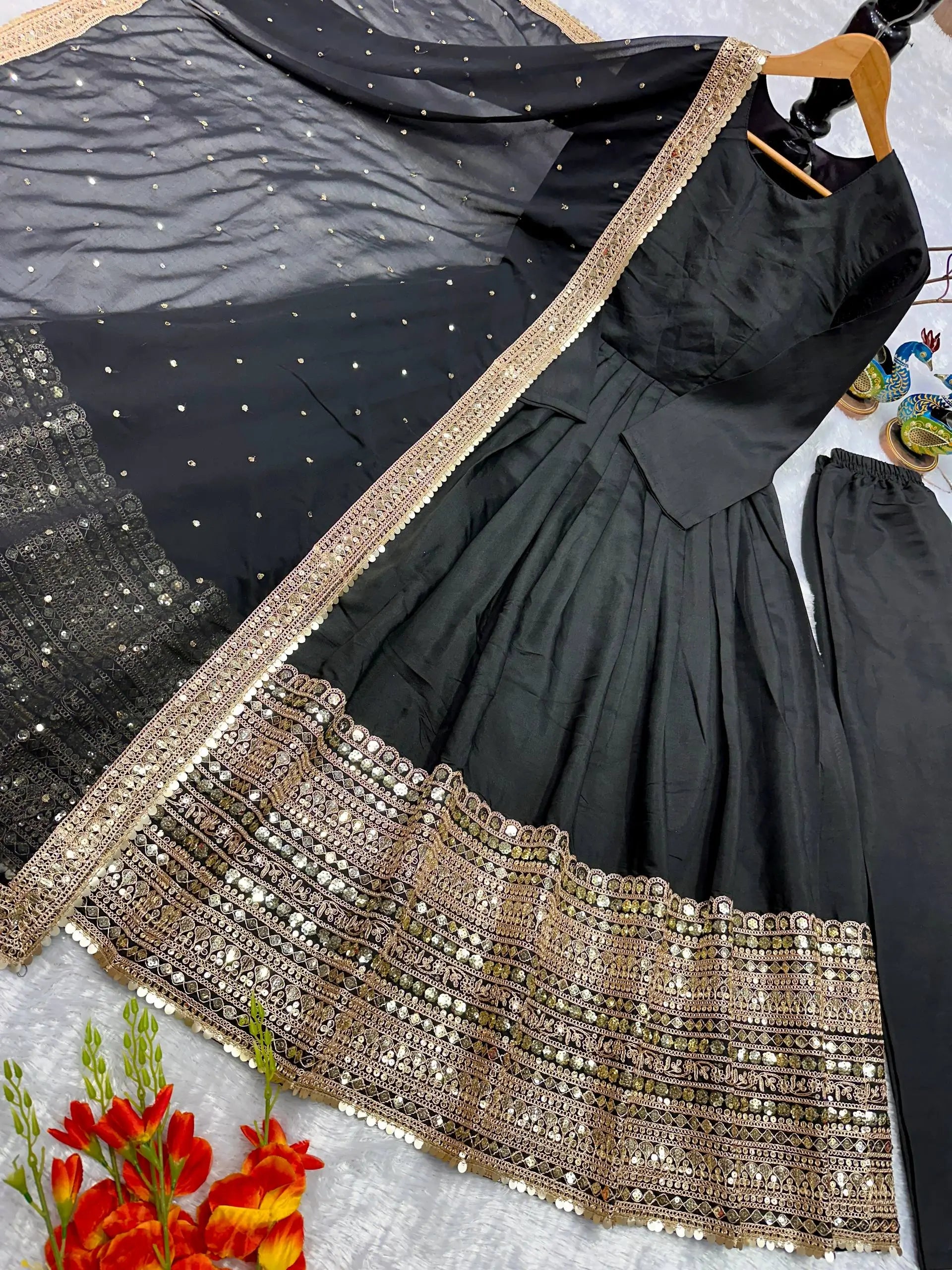 Heavy Sequence Work Border Roman Silk Anarkali set With Dupatta For Partywear
