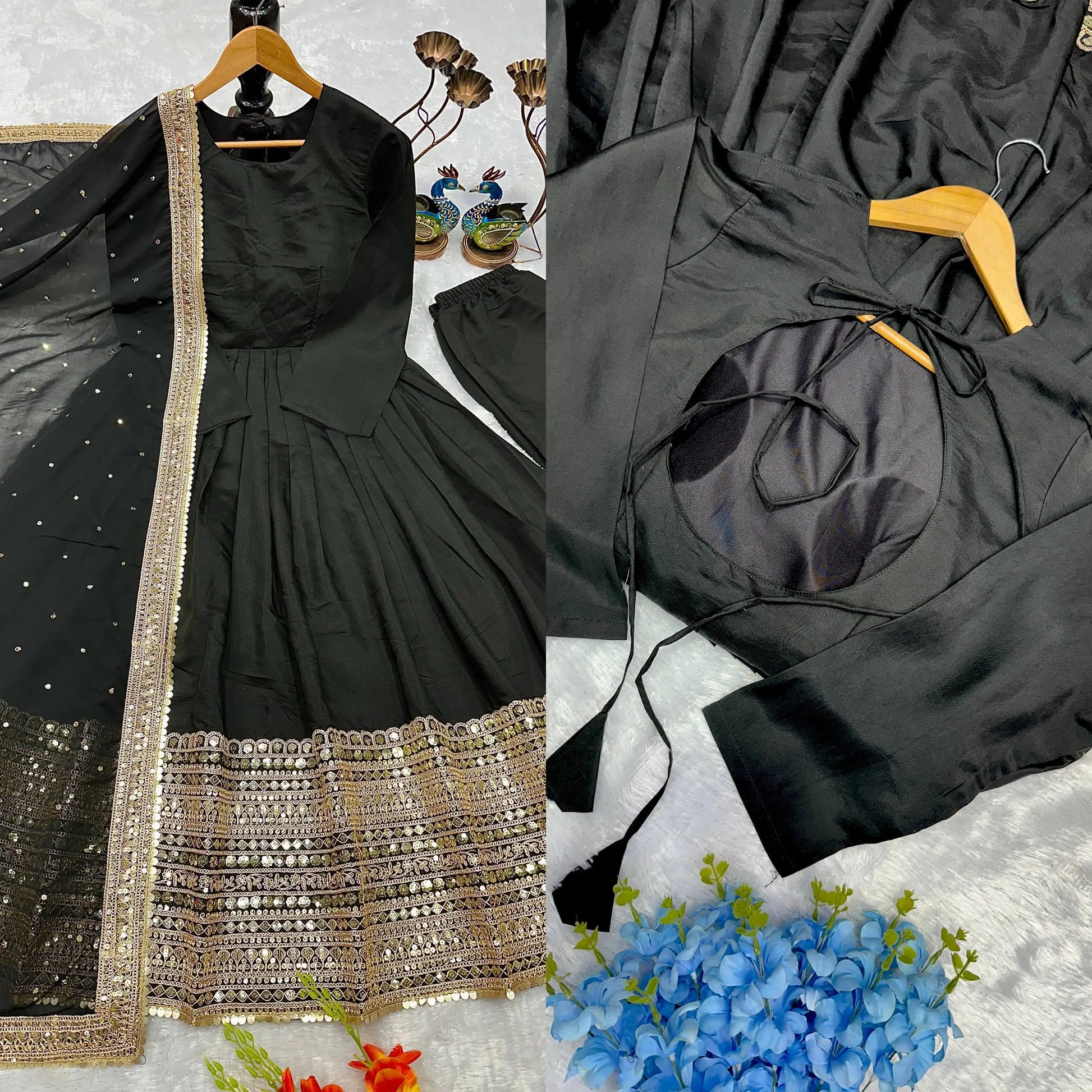 Heavy Sequence Work Border Roman Silk Anarkali set With Dupatta For Partywear