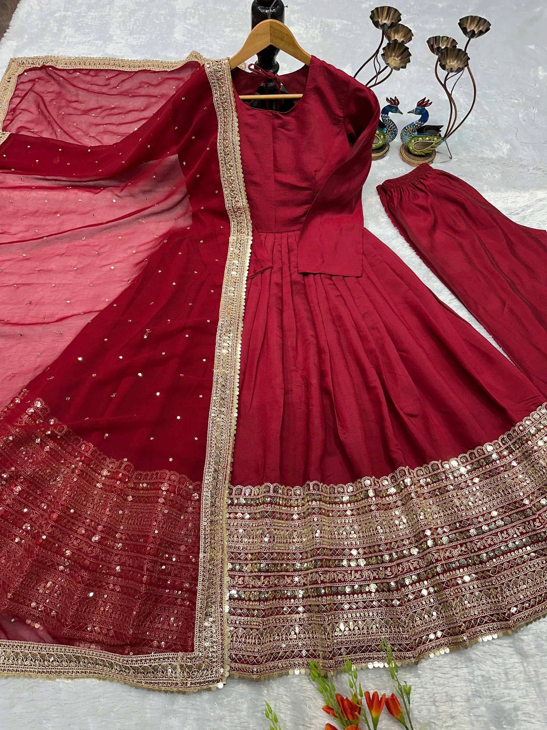 Heavy Sequence Work Border Roman Silk Anarkali set With Dupatta For Partywear