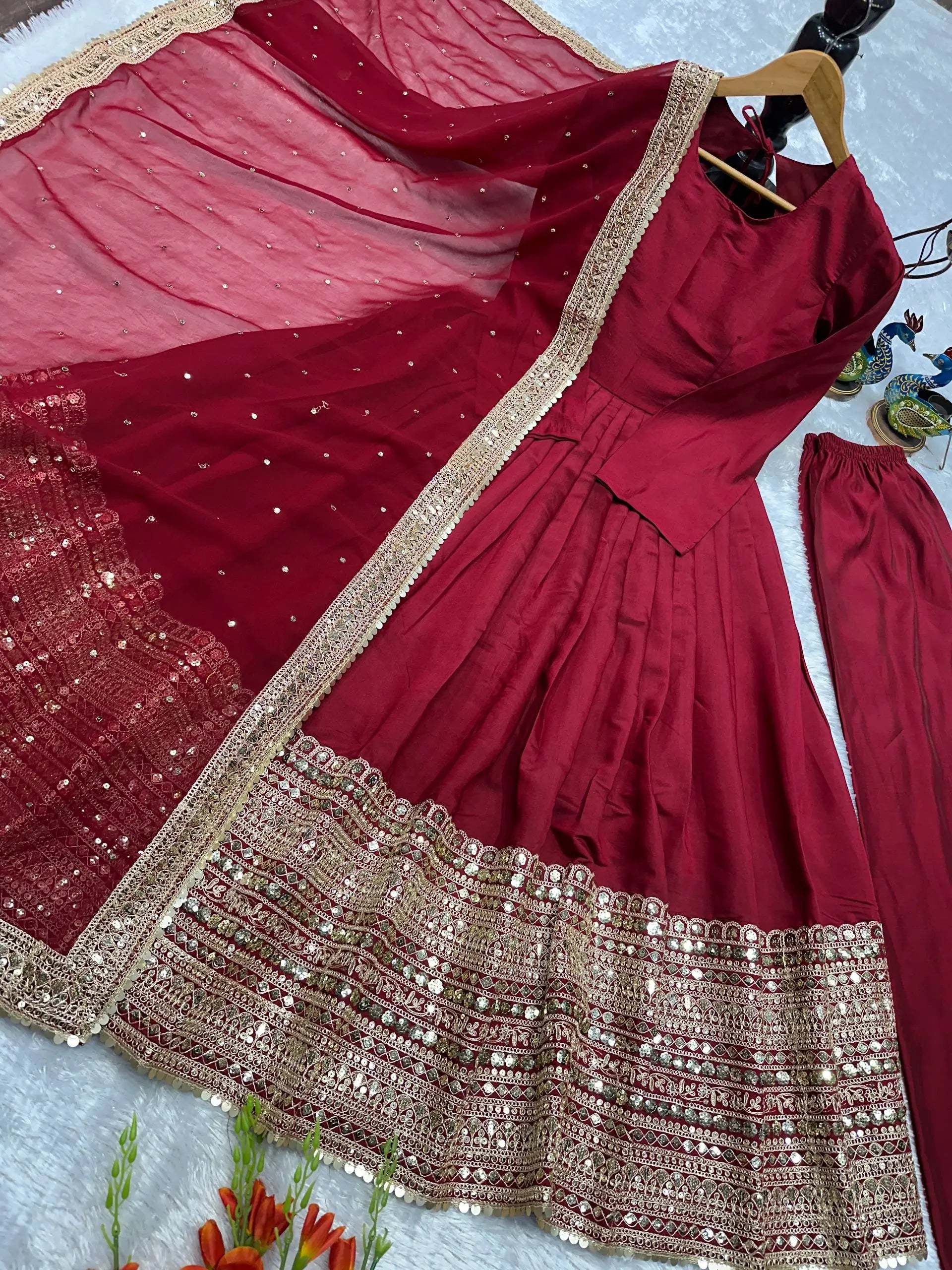 Heavy Sequence Work Border Roman Silk Anarkali set With Dupatta For Partywear