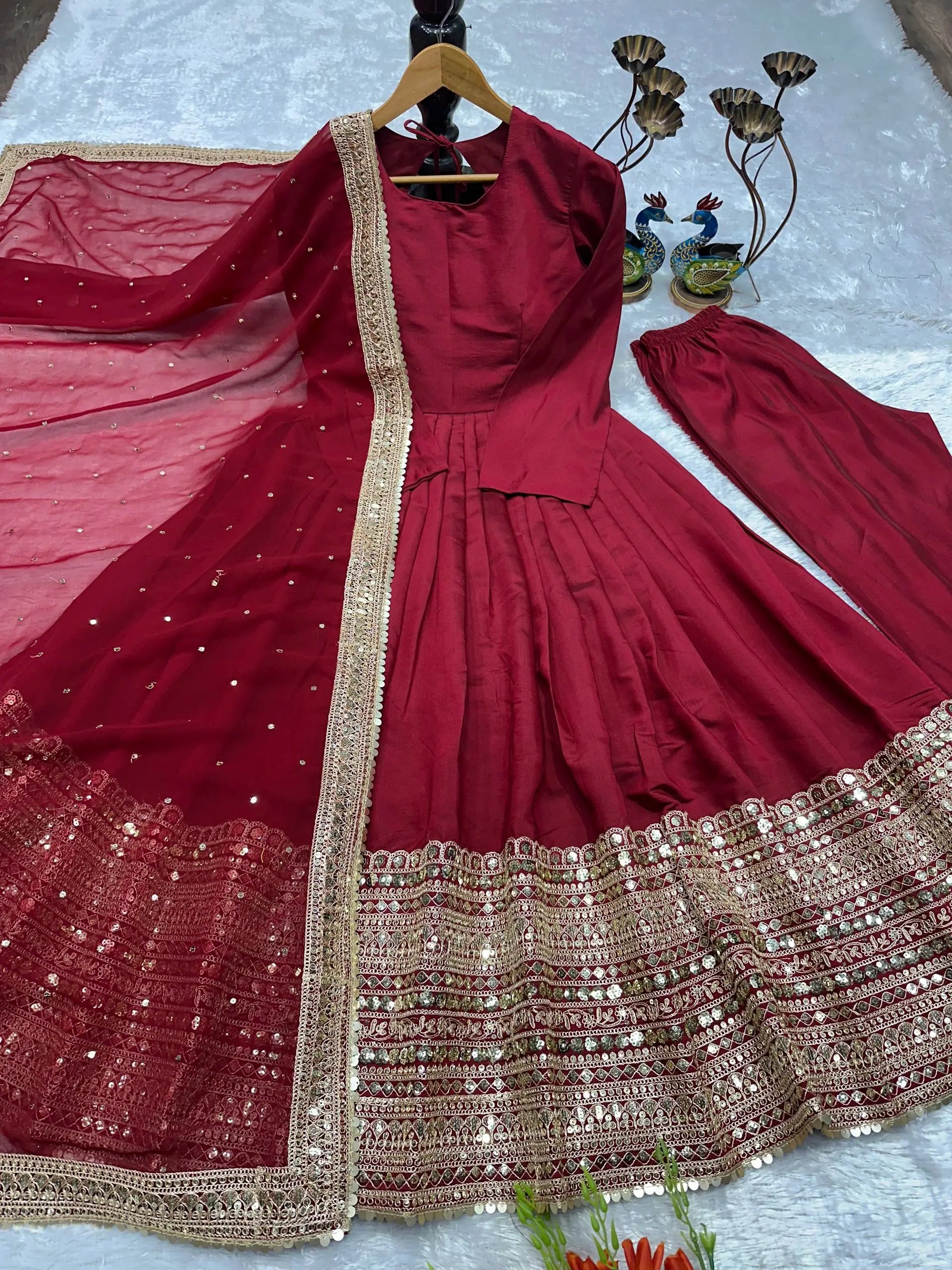 Heavy Sequence Work Border Roman Silk Anarkali set With Dupatta For Partywear