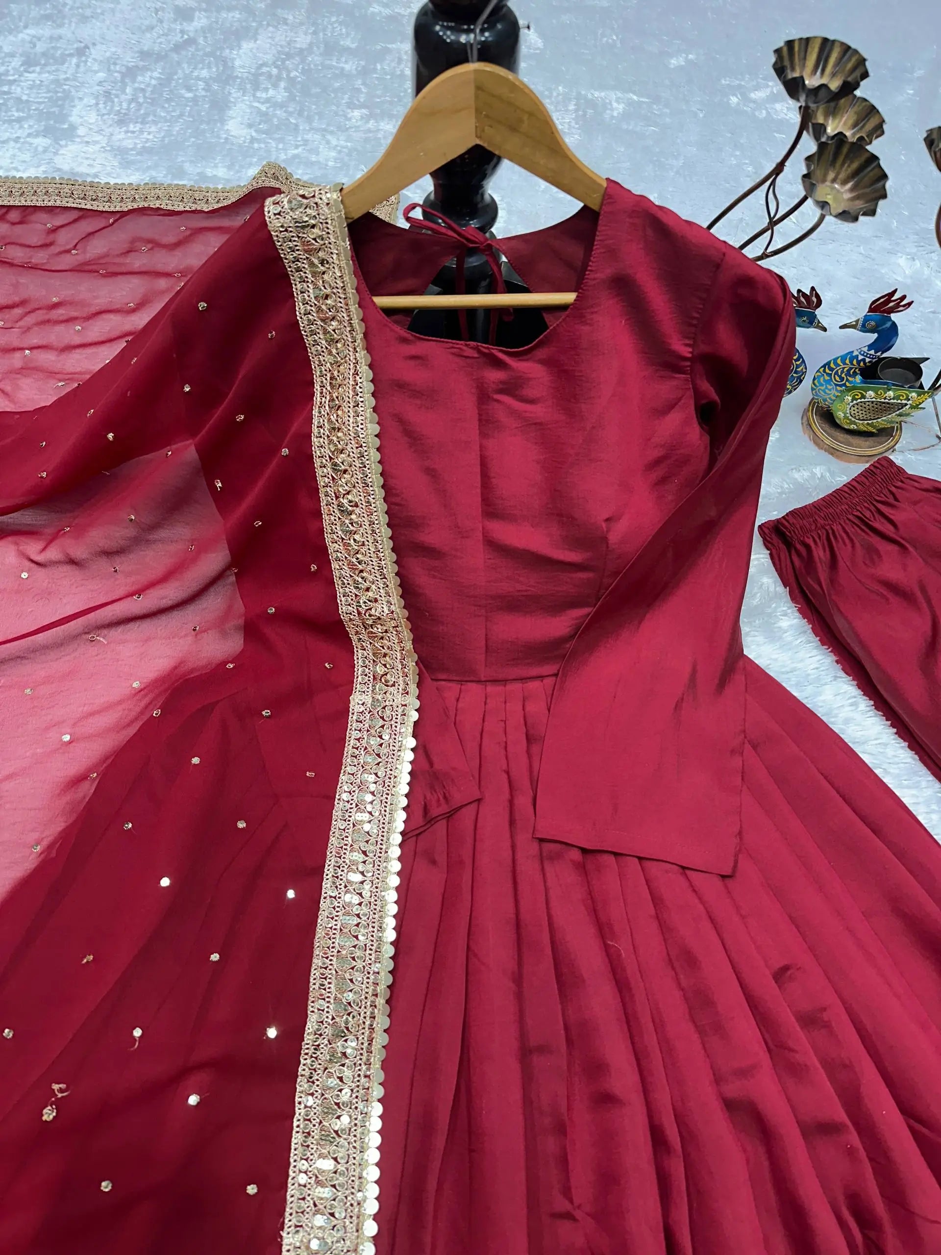 Heavy Sequence Work Border Roman Silk Anarkali set With Dupatta For Partywear