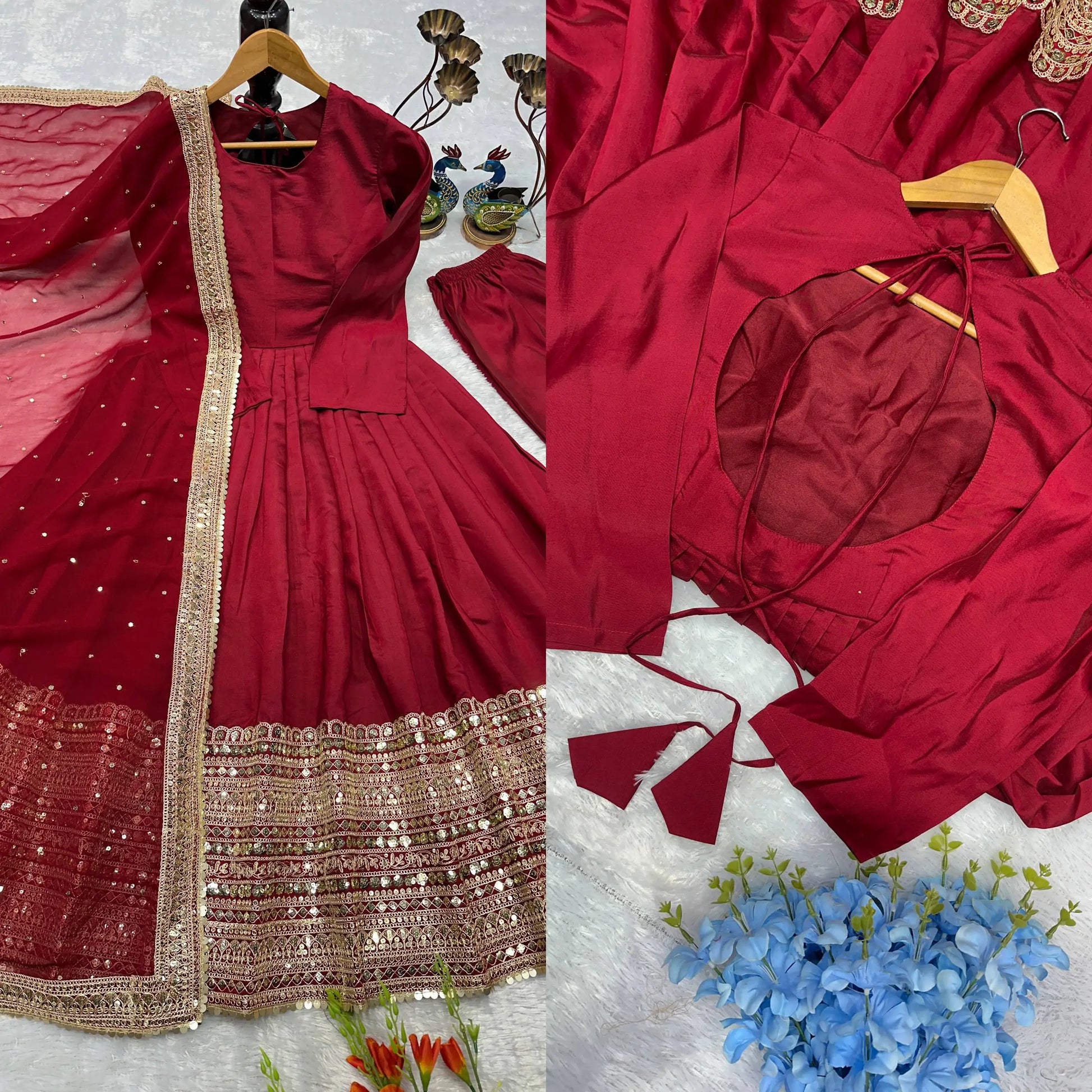 Heavy Sequence Work Border Roman Silk Anarkali set With Dupatta For Partywear