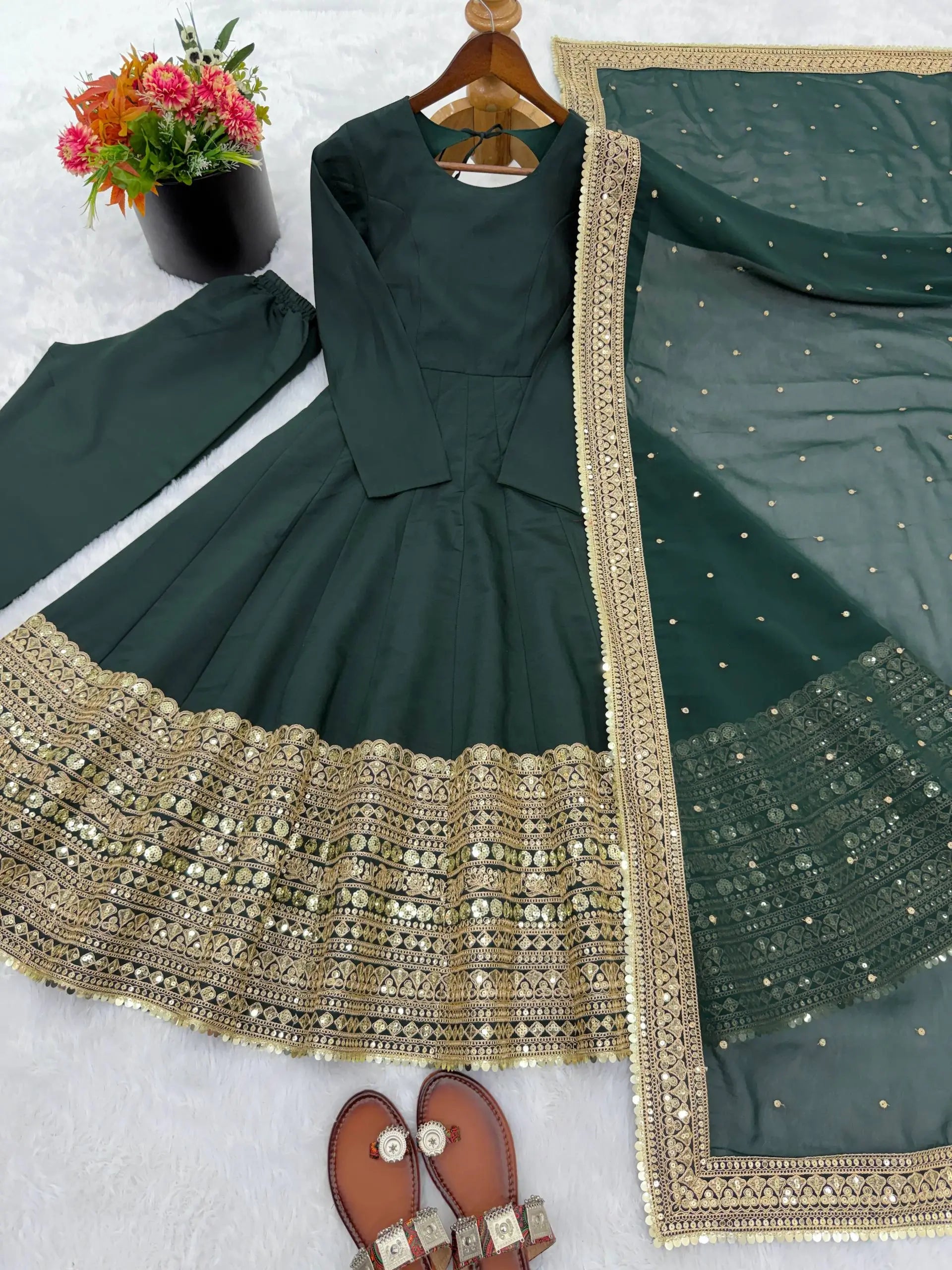 Heavy Sequence Work Border Roman Silk Anarkali set With Dupatta For Partywear