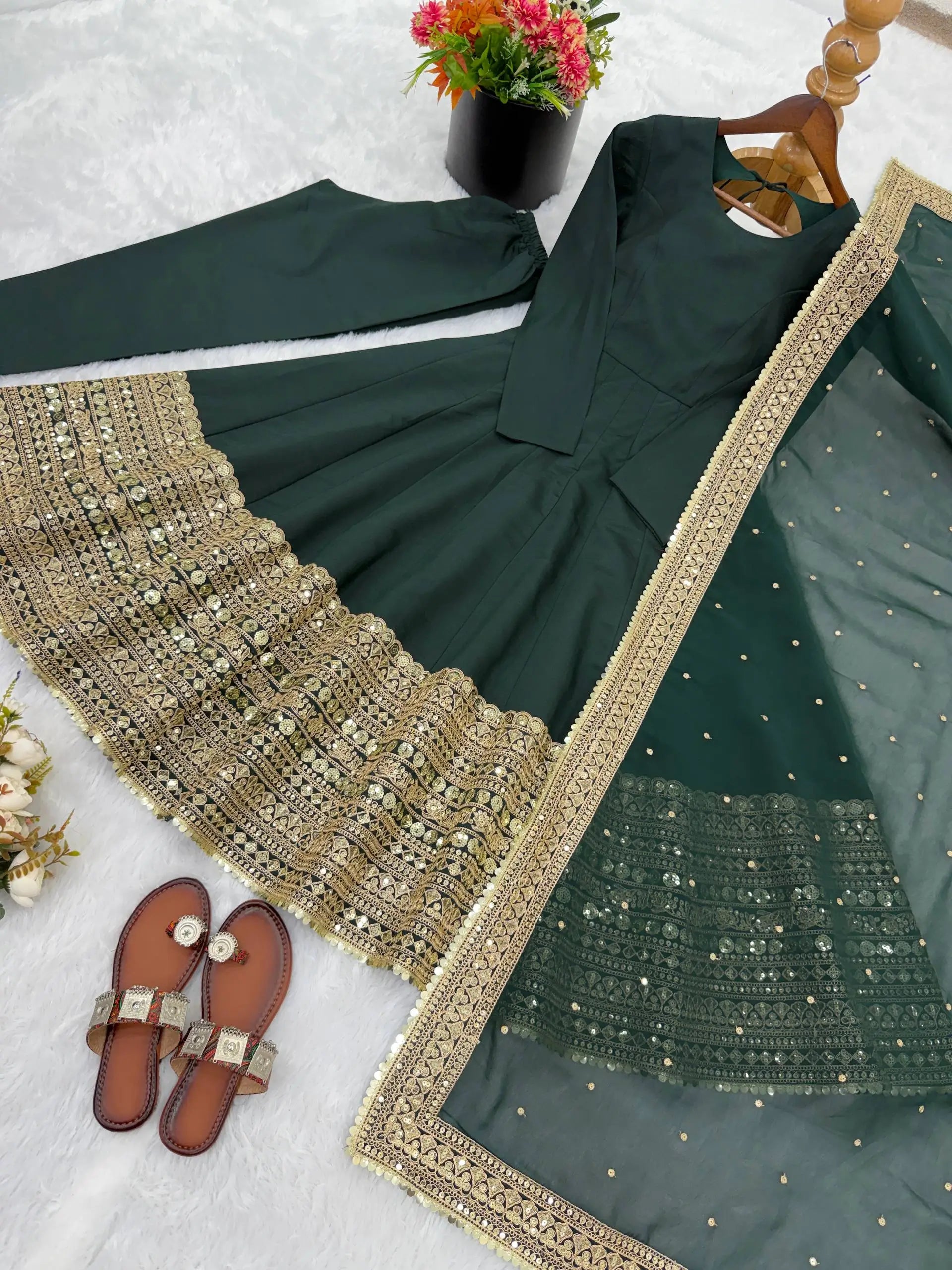 Heavy Sequence Work Border Roman Silk Anarkali set With Dupatta For Partywear