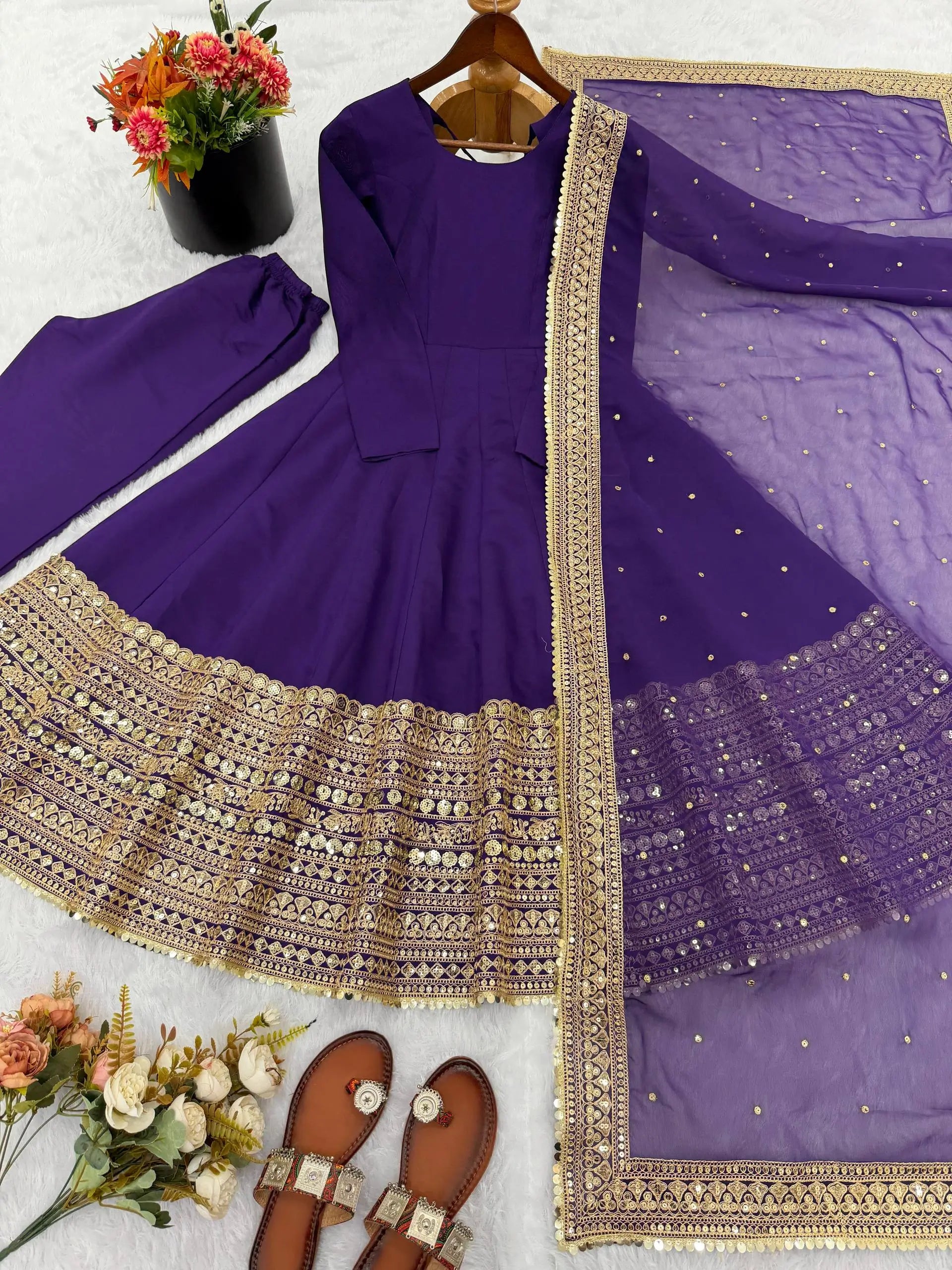 Heavy Sequence Work Border Roman Silk Anarkali set With Dupatta For Partywear