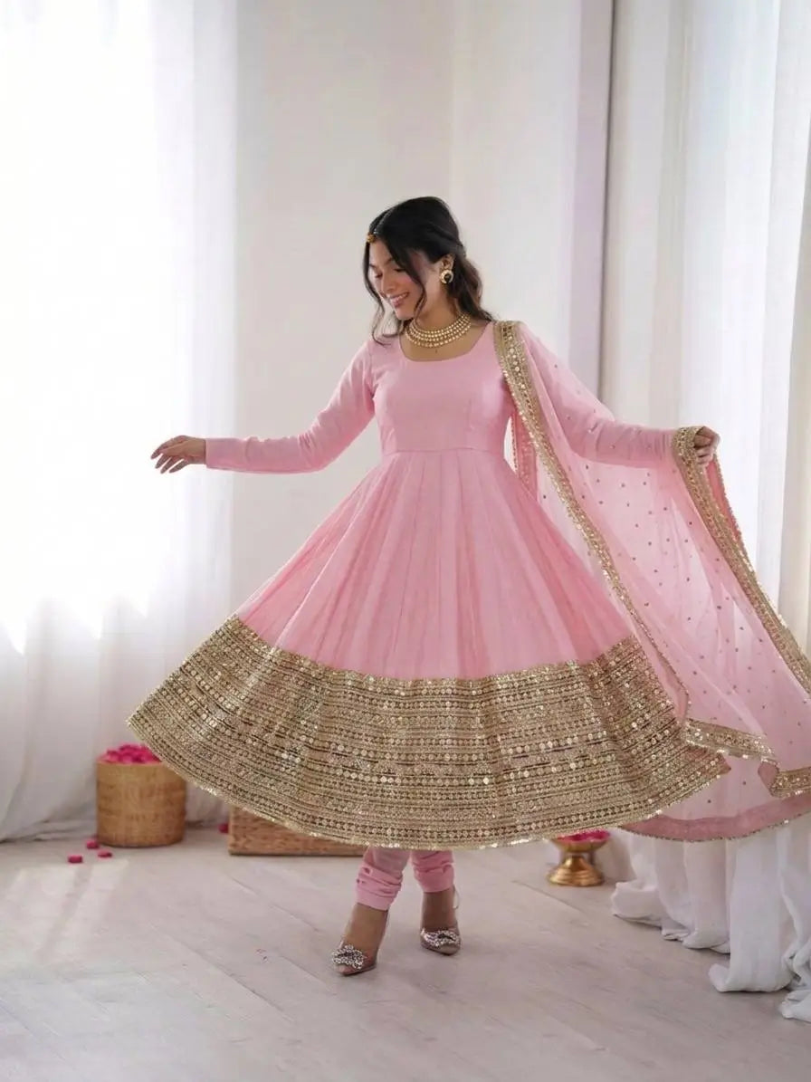 Heavy Sequence Work Border Roman Silk Anarkali set With Dupatta For Partywear