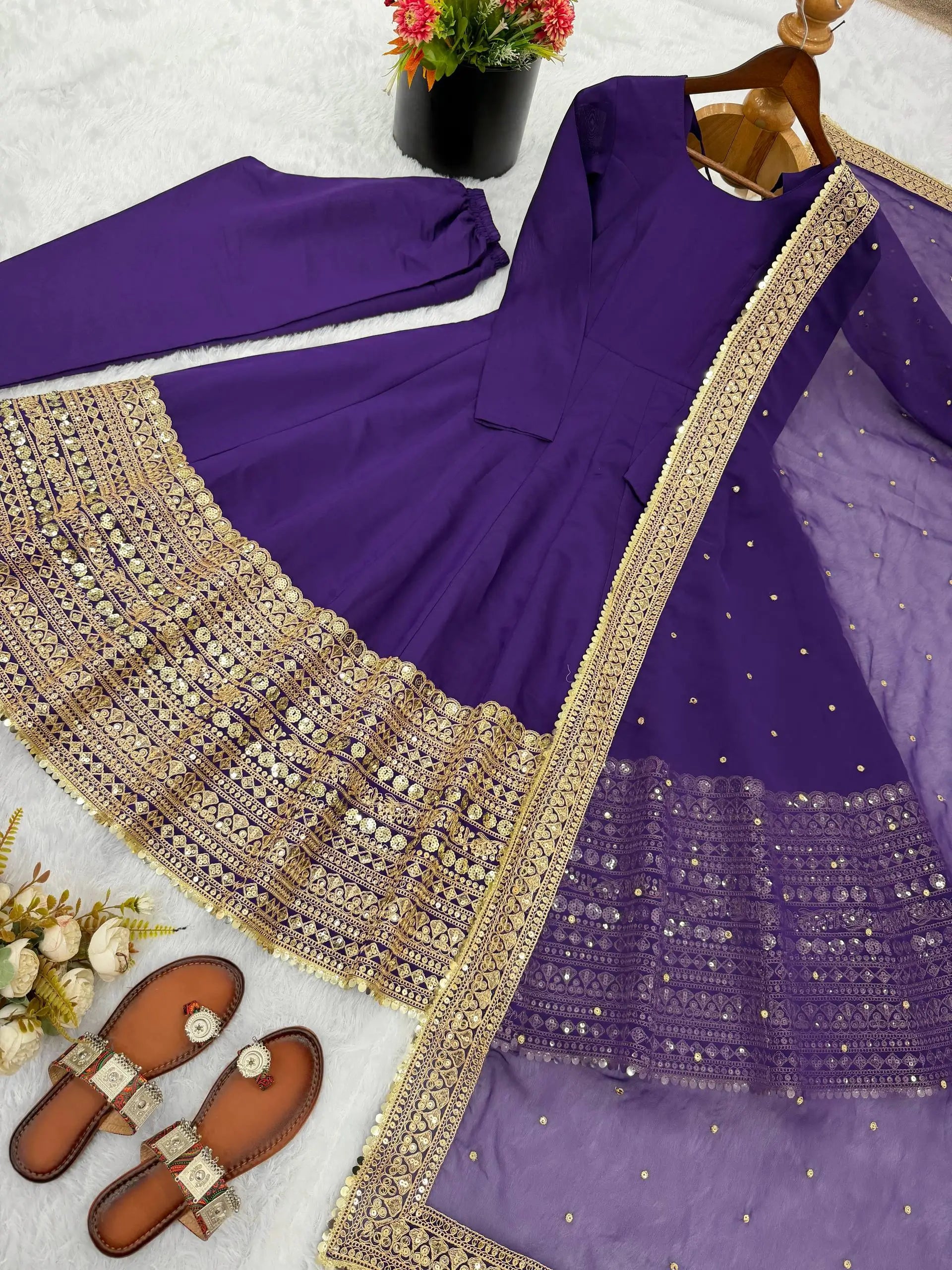 Heavy Sequence Work Border Roman Silk Anarkali set With Dupatta For Partywear