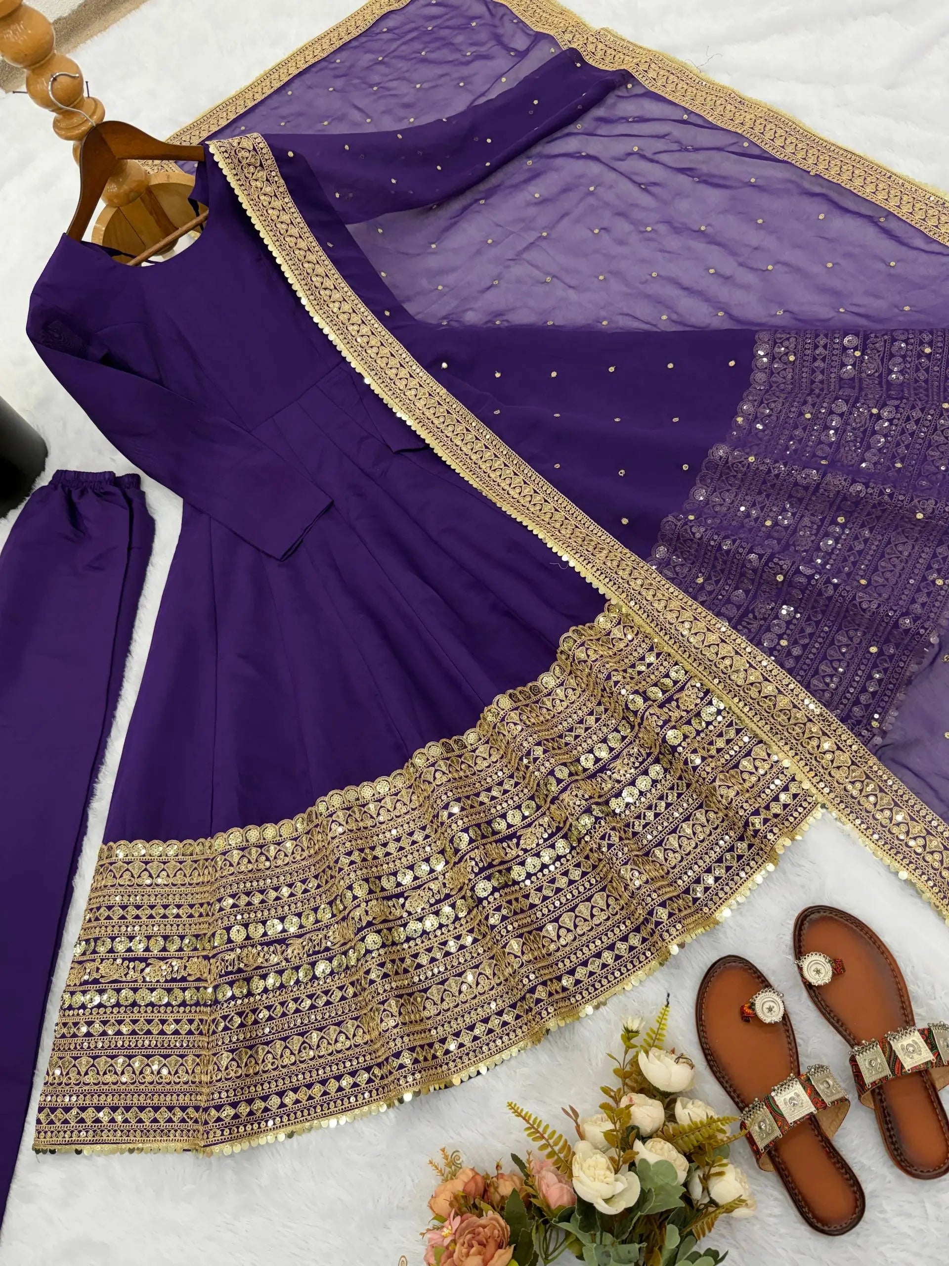 Heavy Sequence Work Border Roman Silk Anarkali set With Dupatta For Partywear