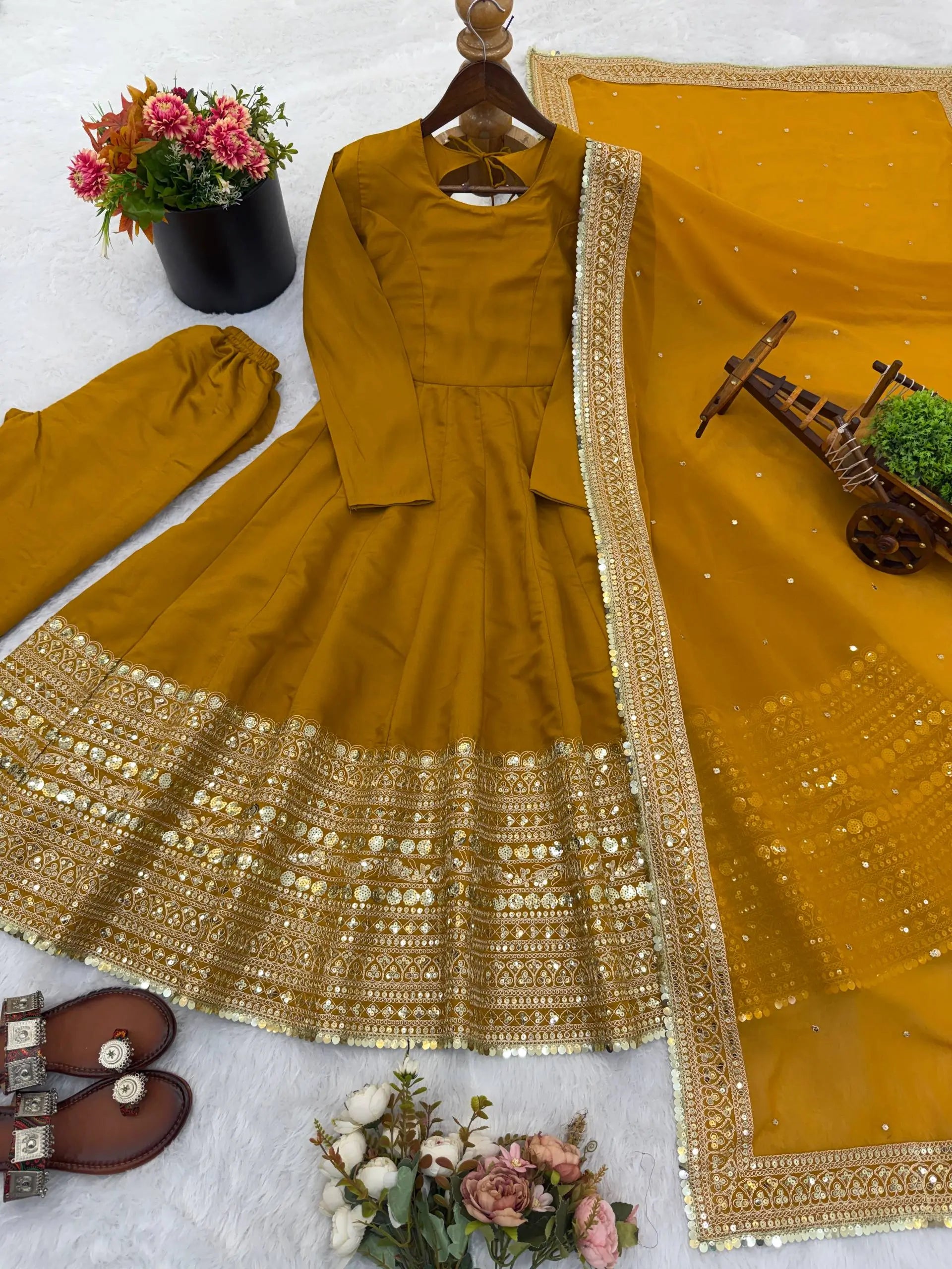 Heavy Sequence Work Border Roman Silk Anarkali set With Dupatta For Partywear
