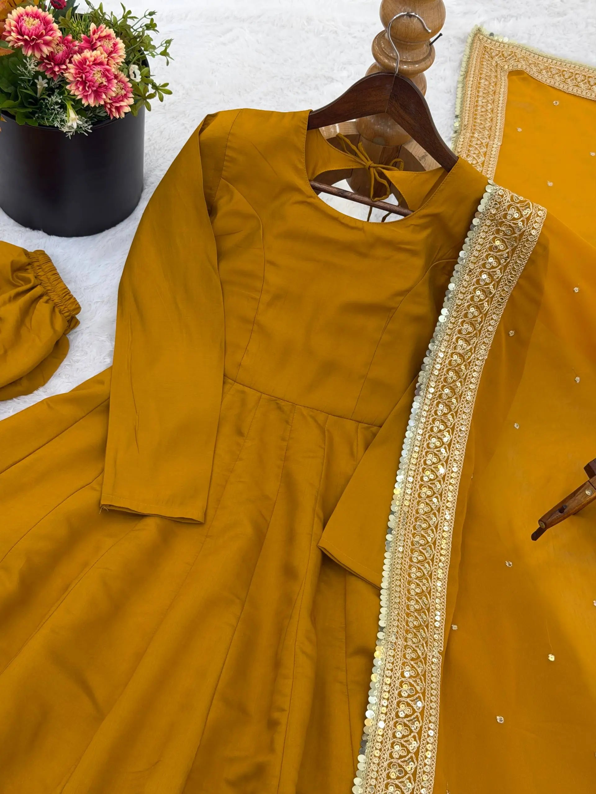 Heavy Sequence Work Border Roman Silk Anarkali set With Dupatta For Partywear