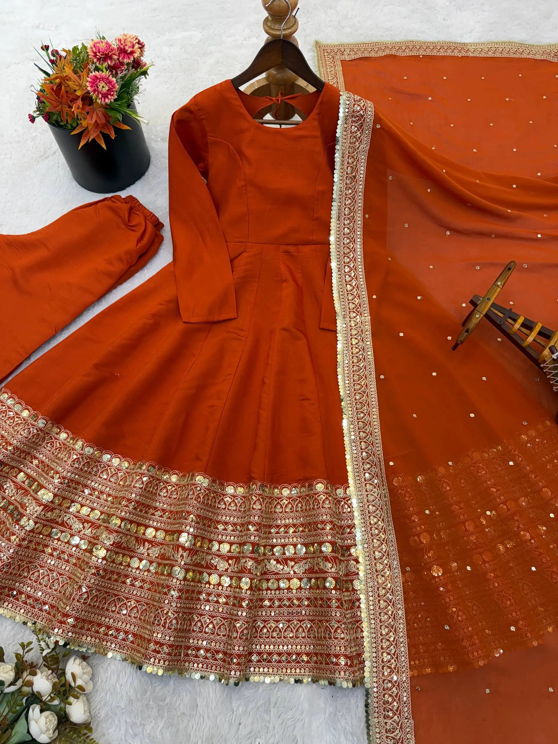 Heavy Sequence Work Border Roman Silk Anarkali set With Dupatta For Partywear