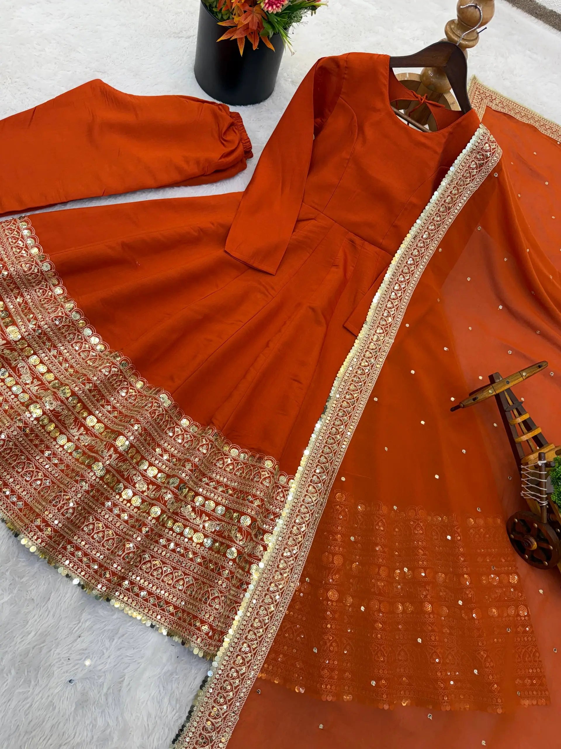Heavy Sequence Work Border Roman Silk Anarkali set With Dupatta For Partywear