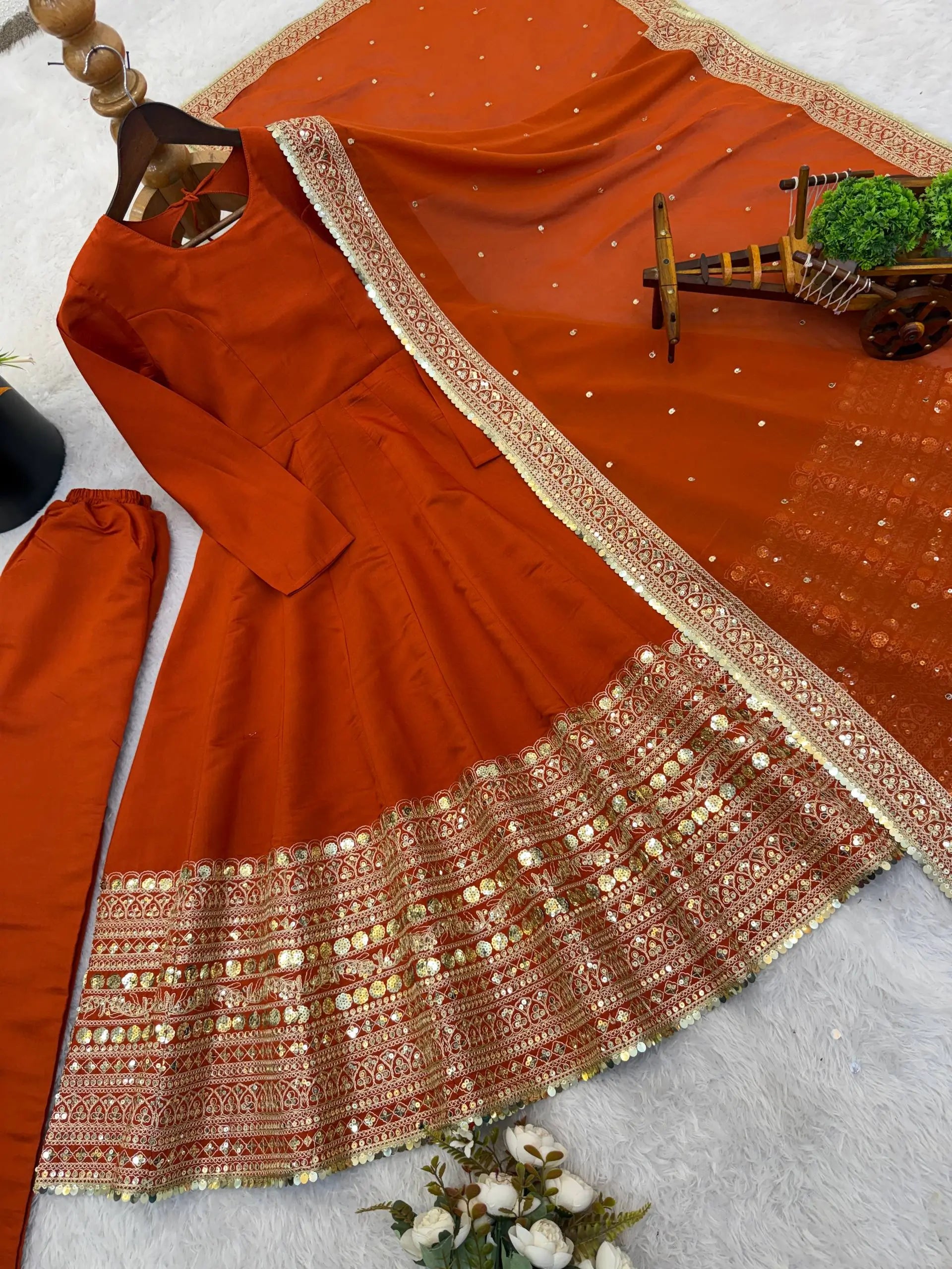 Heavy Sequence Work Border Roman Silk Anarkali set With Dupatta For Partywear