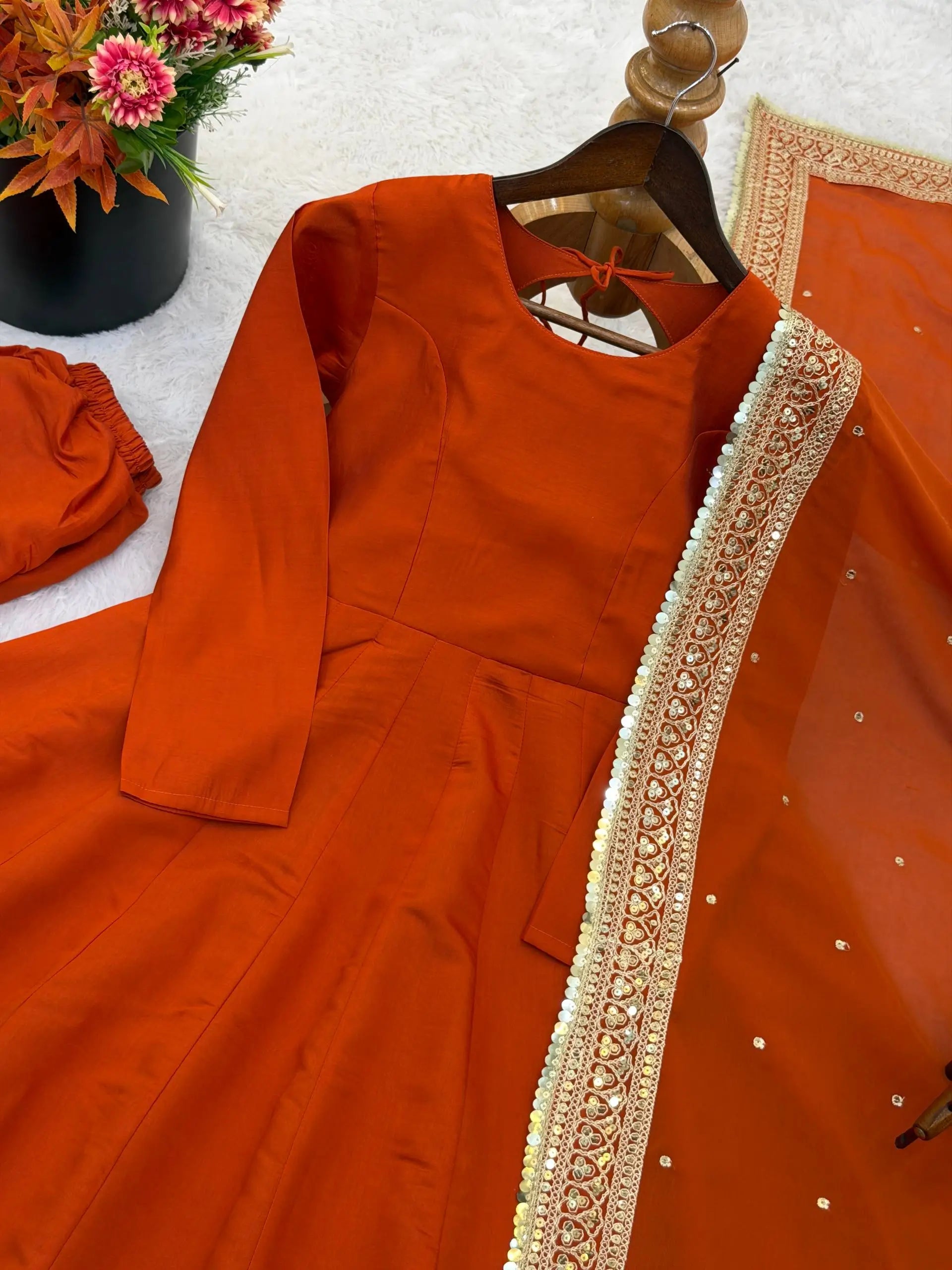 Heavy Sequence Work Border Roman Silk Anarkali set With Dupatta For Partywear