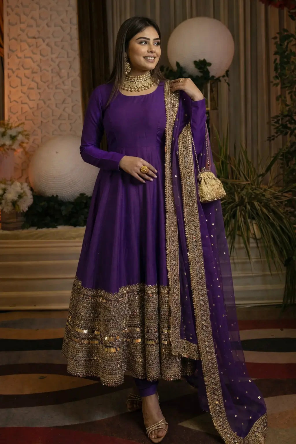 Heavy Sequence Work Border Roman Silk Anarkali set With Dupatta For Partywear
