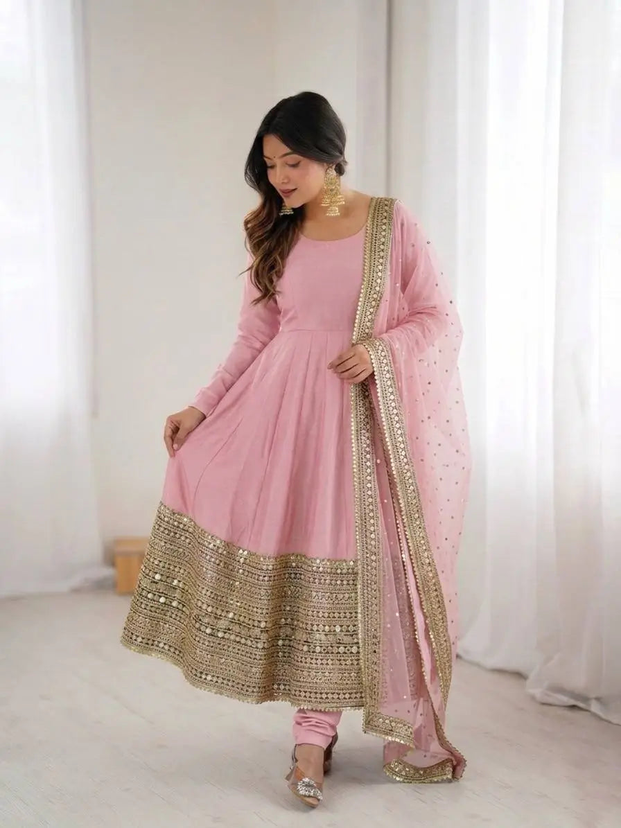 Heavy Sequence Work Border Roman Silk Anarkali set With Dupatta For Partywear