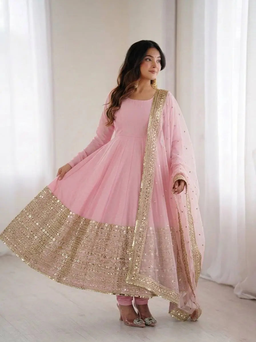 Heavy Sequence Work Border Roman Silk Anarkali set With Dupatta For Partywear