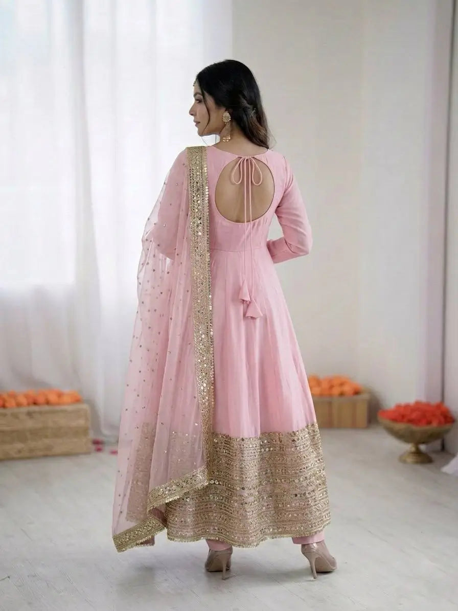 Heavy Sequence Work Border Roman Silk Anarkali set With Dupatta For Partywear
