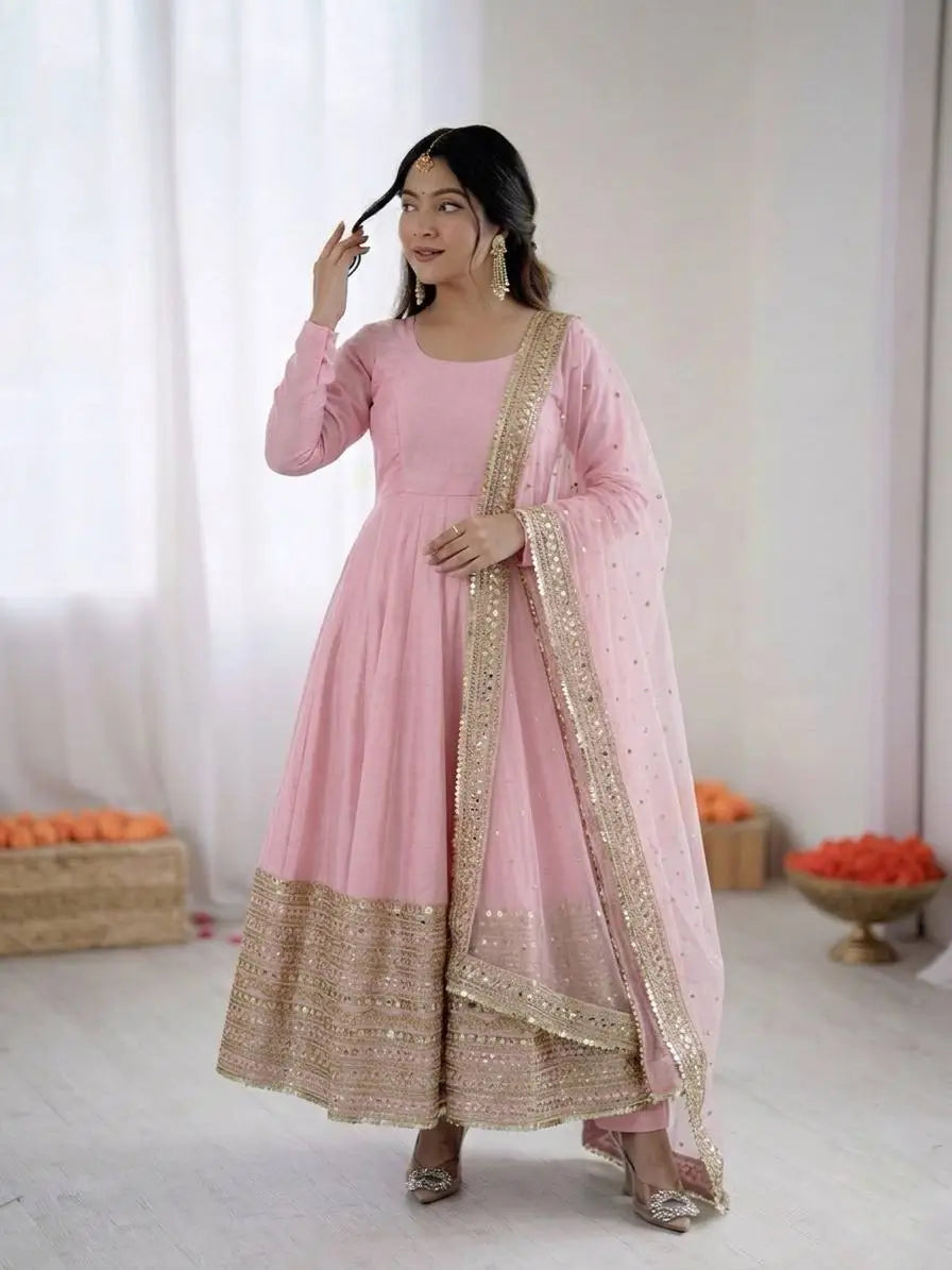 Heavy Sequence Work Border Roman Silk Anarkali set With Dupatta For Partywear