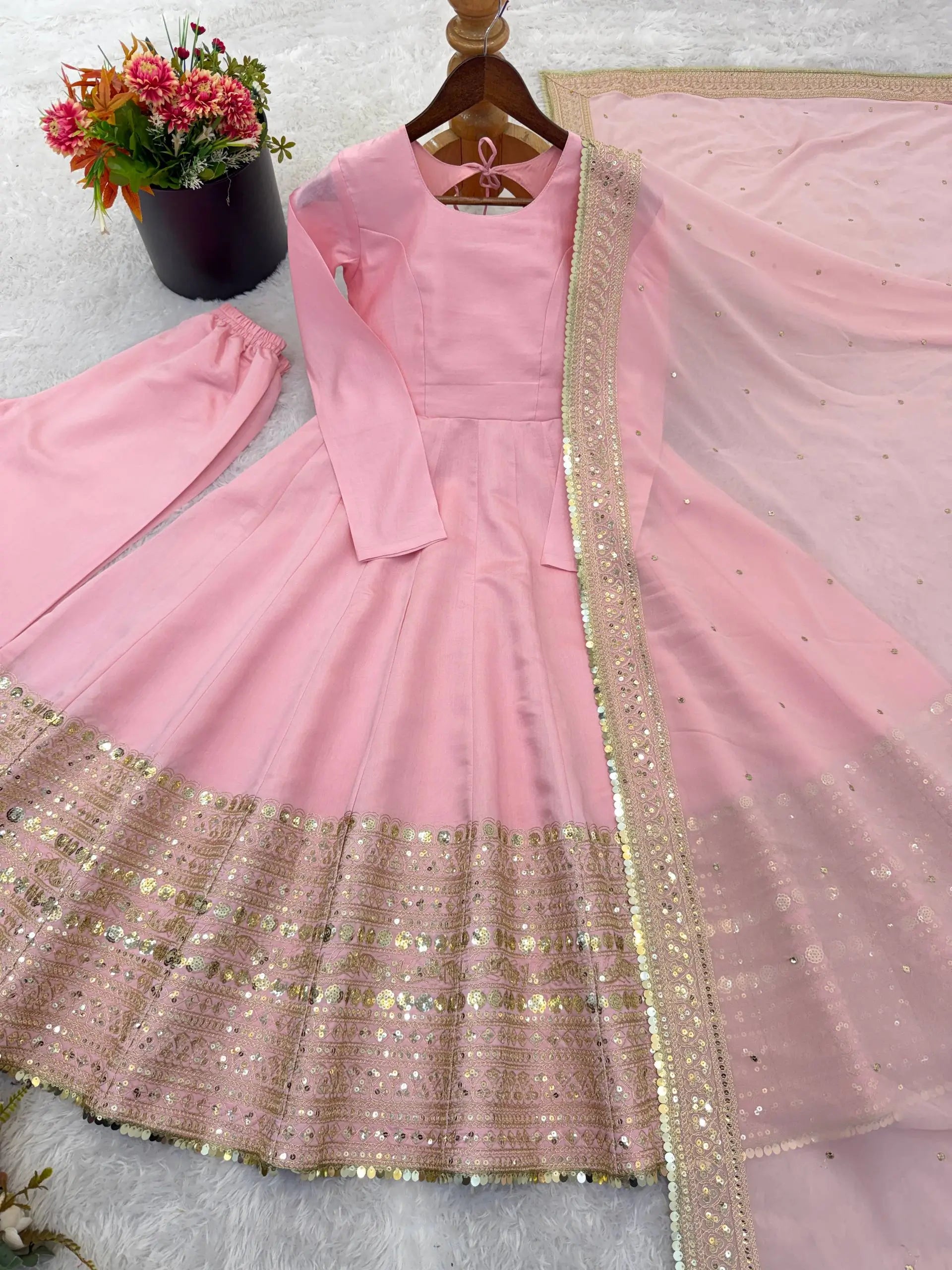 Heavy Sequence Work Border Roman Silk Anarkali set With Dupatta For Partywear