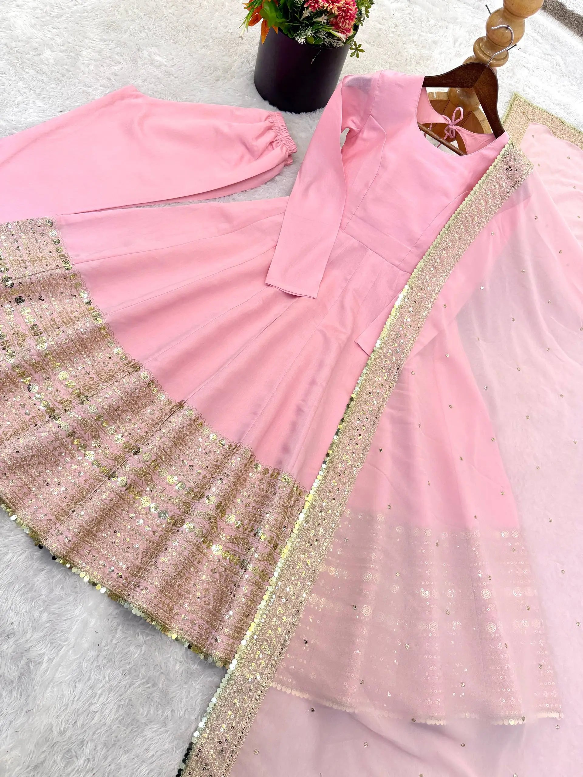 Heavy Sequence Work Border Roman Silk Anarkali set With Dupatta For Partywear