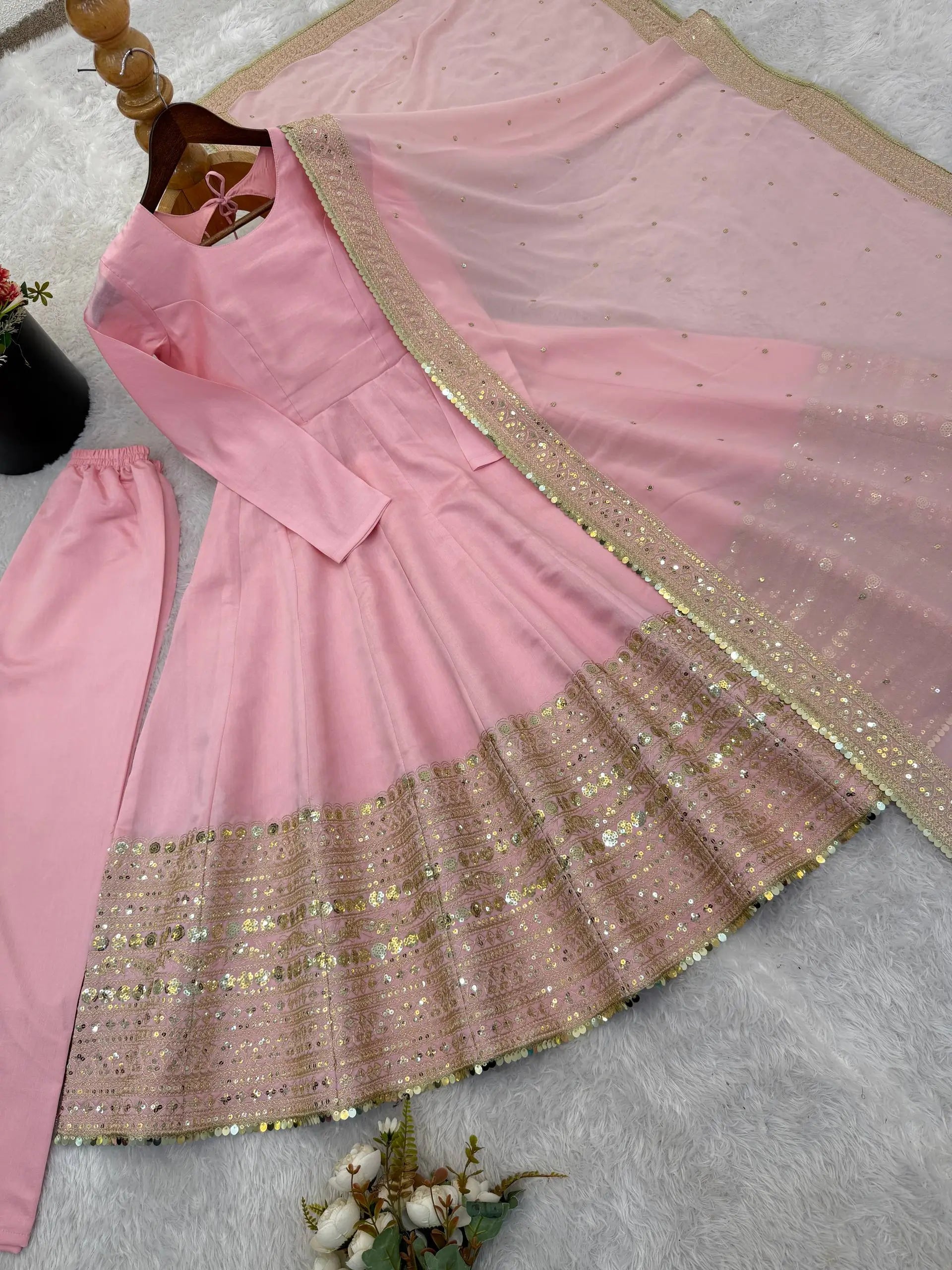 Heavy Sequence Work Border Roman Silk Anarkali set With Dupatta For Partywear