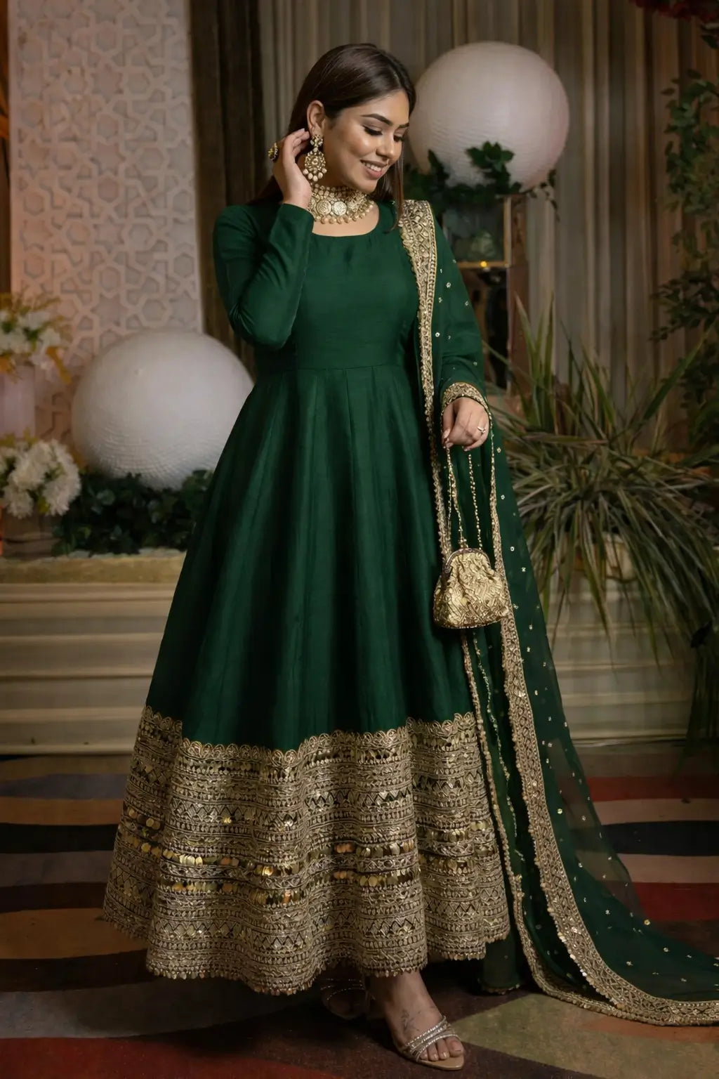 Heavy Sequence Work Border Roman Silk Anarkali set With Dupatta For Partywear