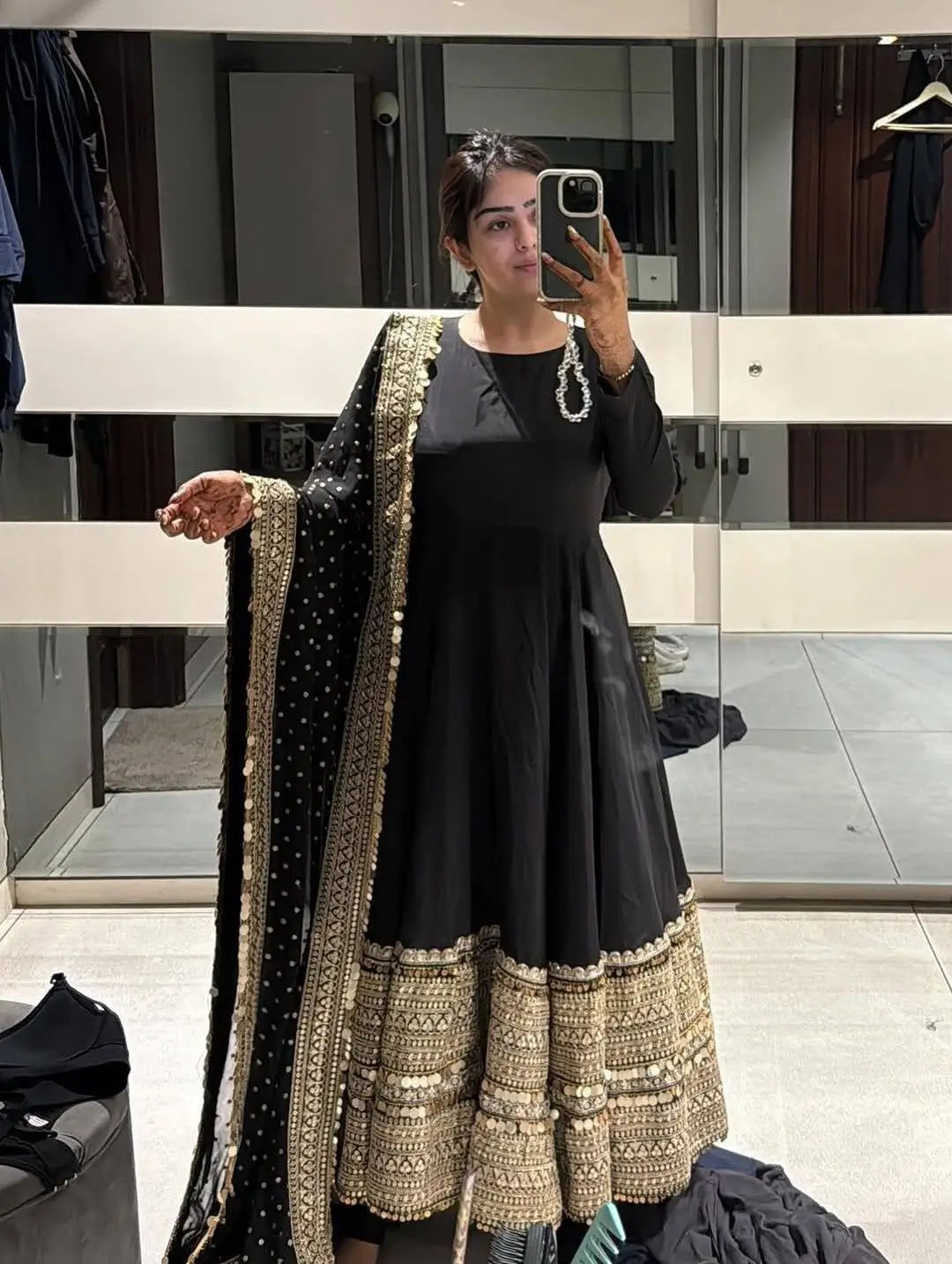 Heavy Sequence Work Border Roman Silk Anarkali set With Dupatta For Partywear