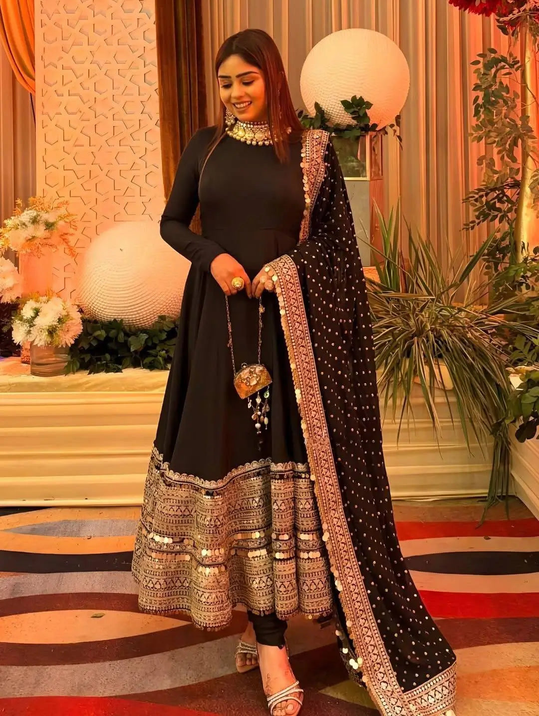 Heavy Sequence Work Border Roman Silk Anarkali set With Dupatta For Partywear