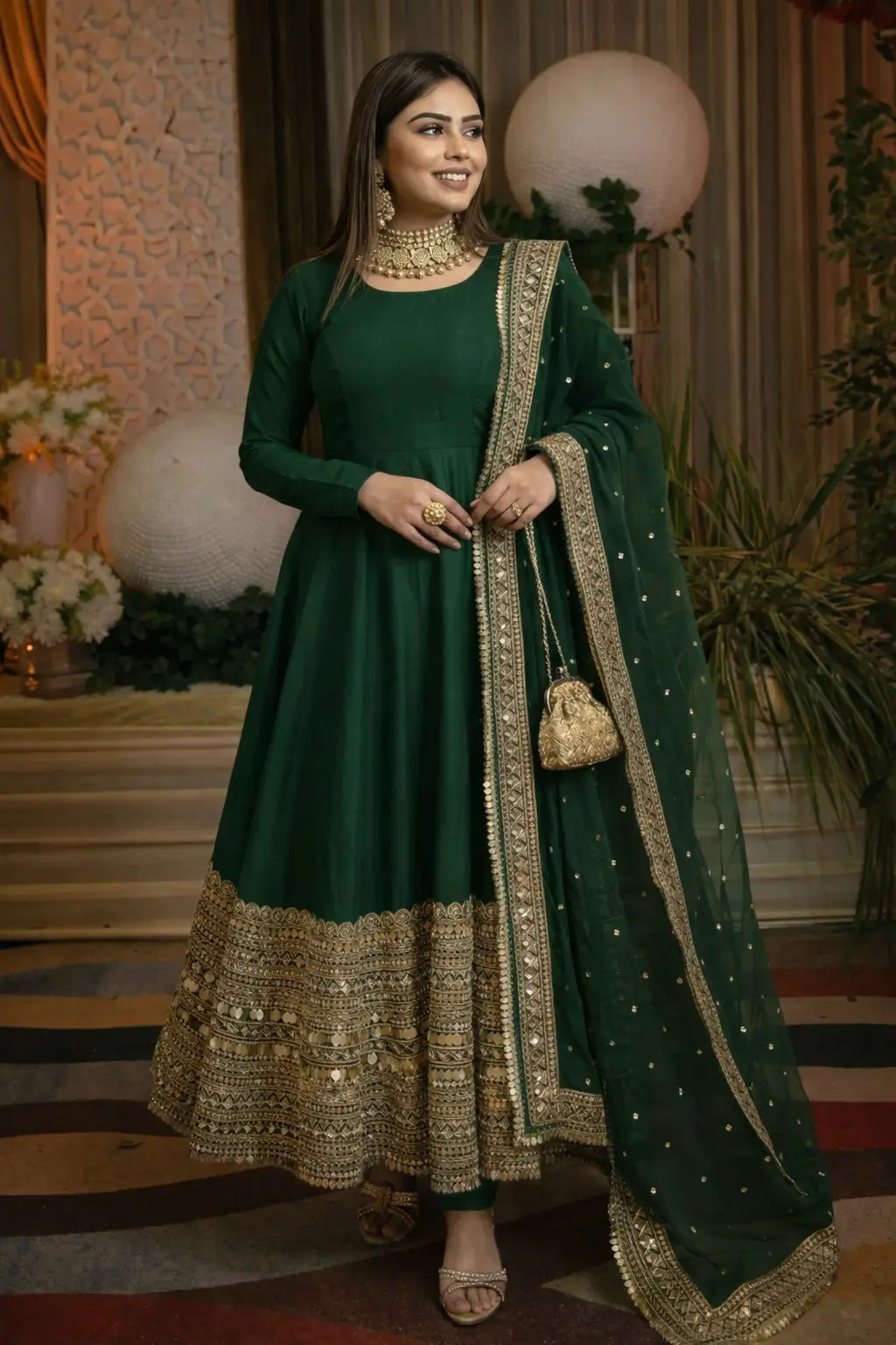 Heavy Sequence Work Border Roman Silk Anarkali set With Dupatta For Partywear