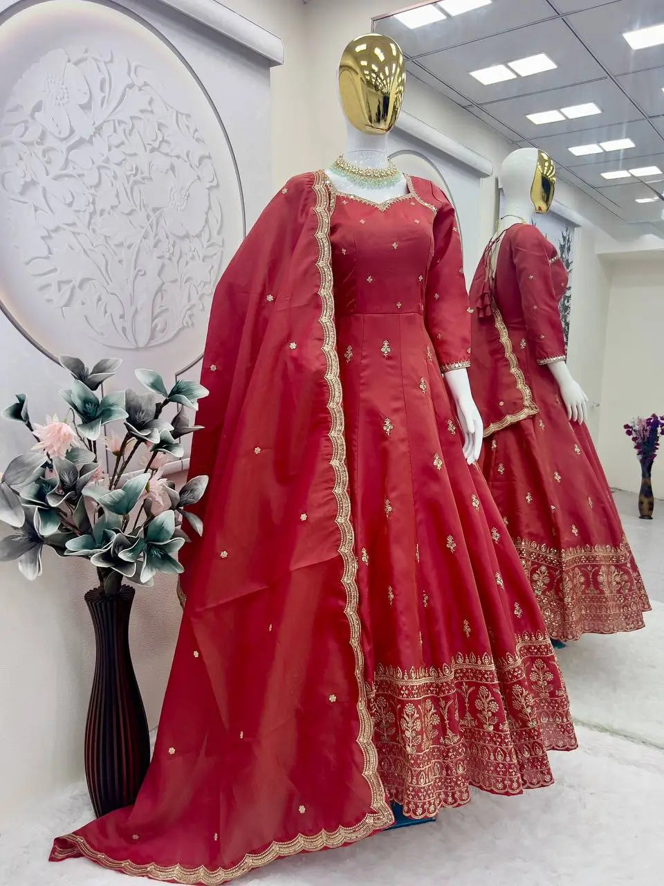 Heavy Shimmer Silk Embroidered Gown with Dupatta – Wedding & Partywear