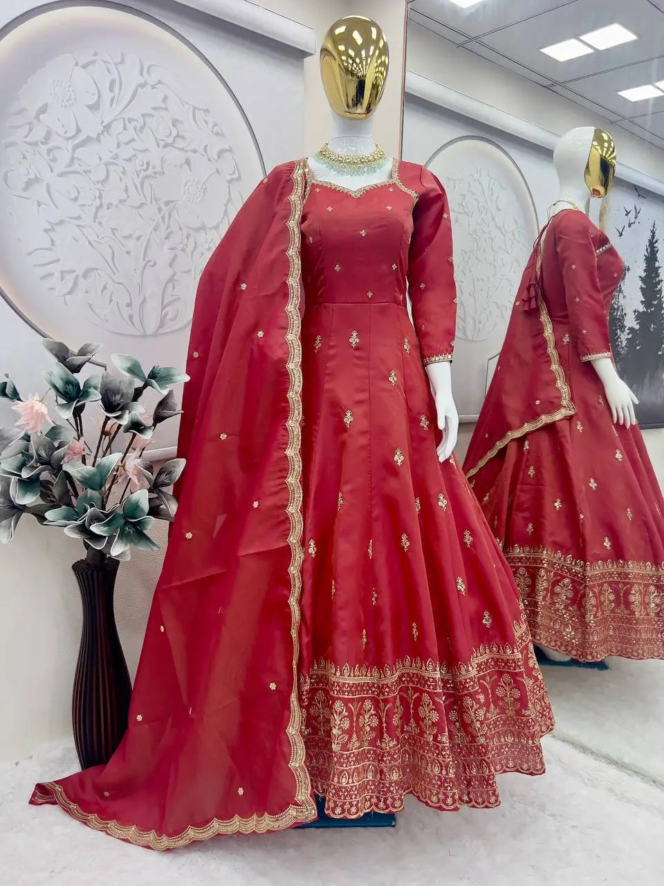 Heavy Shimmer Silk Embroidered Gown with Dupatta – Wedding & Partywear