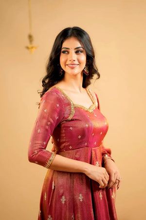 Heavy Shimmer Silk Embroidered Gown with Dupatta – Wedding & Partywear