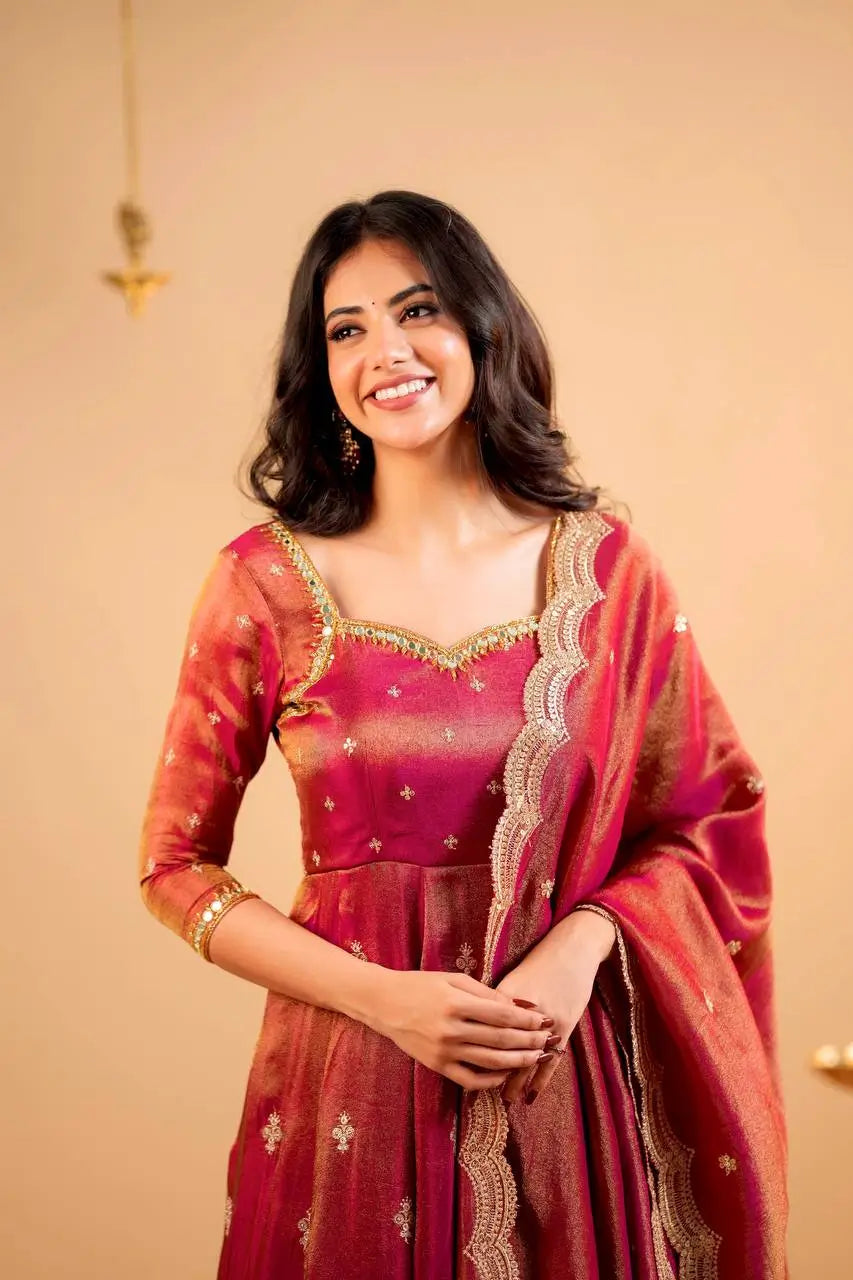 Heavy Shimmer Silk Embroidered Gown with Dupatta – Wedding & Partywear