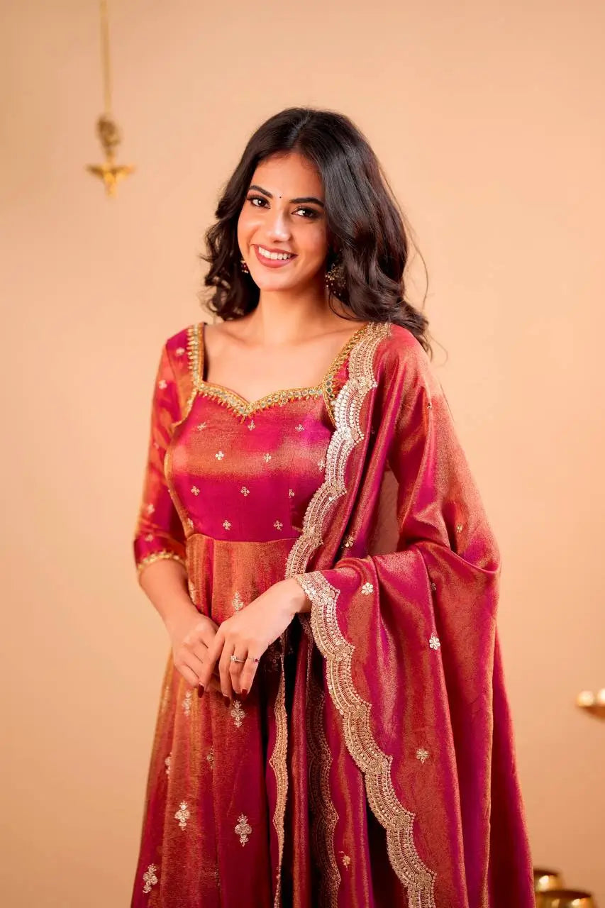 Heavy Shimmer Silk Embroidered Gown with Dupatta – Wedding & Partywear