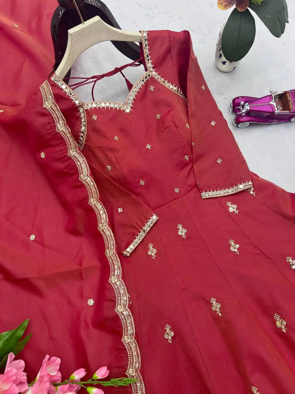Heavy Shimmer Silk Embroidered Gown with Dupatta – Wedding & Partywear