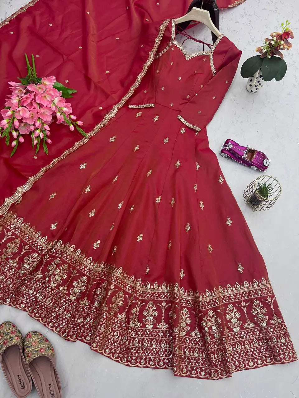 Heavy Shimmer Silk Embroidered Gown with Dupatta – Wedding & Partywear