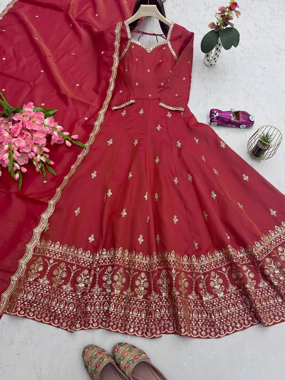 Heavy Shimmer Silk Embroidered Gown with Dupatta – Wedding & Partywear