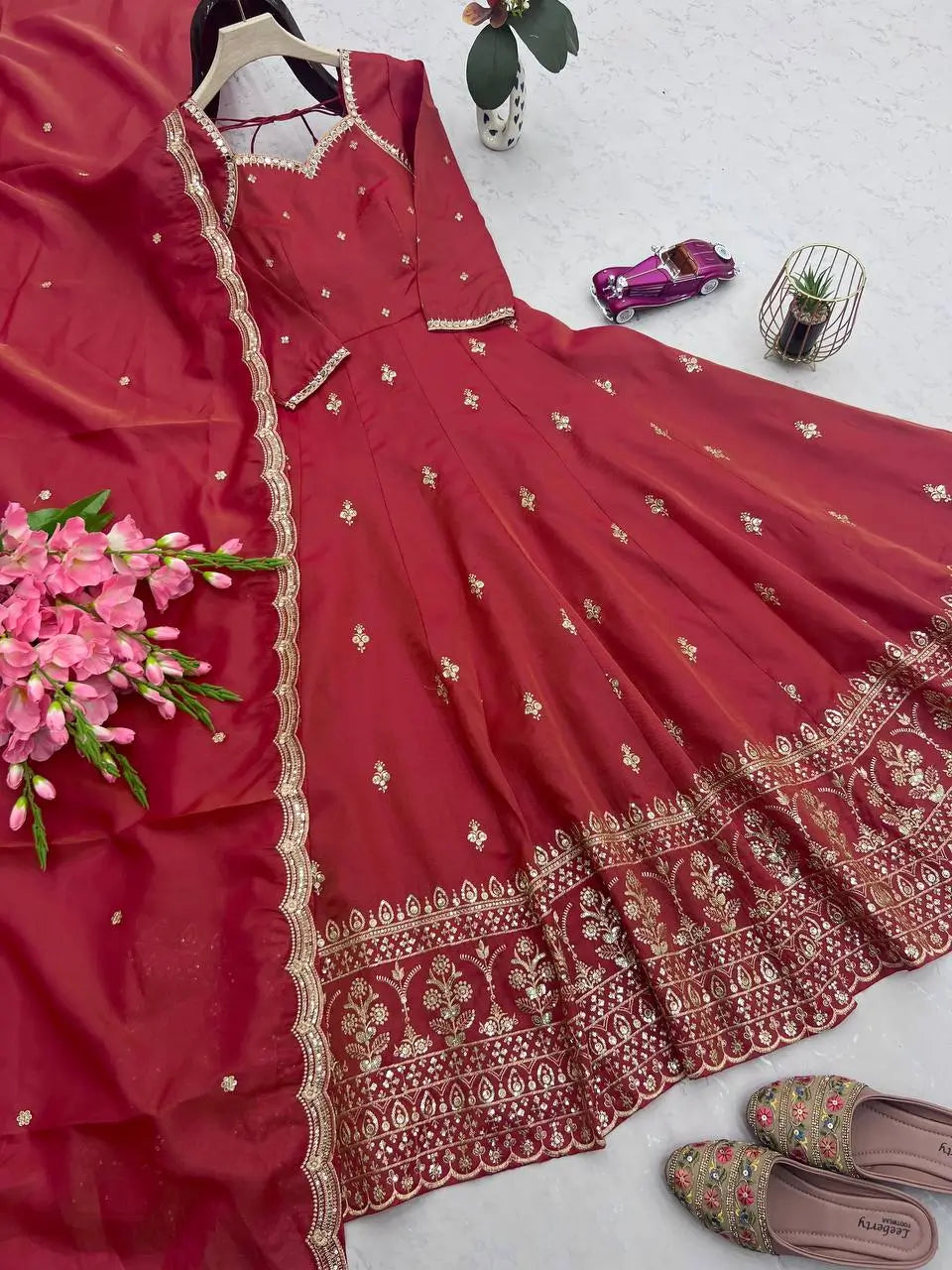 Heavy Shimmer Silk Embroidered Gown with Dupatta – Wedding & Partywear