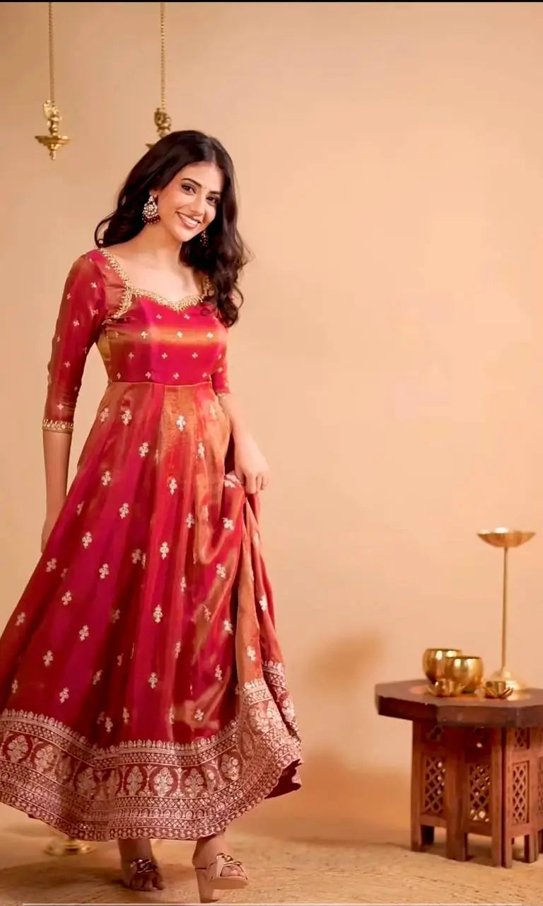 Heavy Shimmer Silk Embroidered Gown with Dupatta – Wedding & Partywear