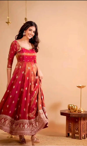 Heavy Shimmer Silk Embroidered Gown with Dupatta – Wedding & Partywear