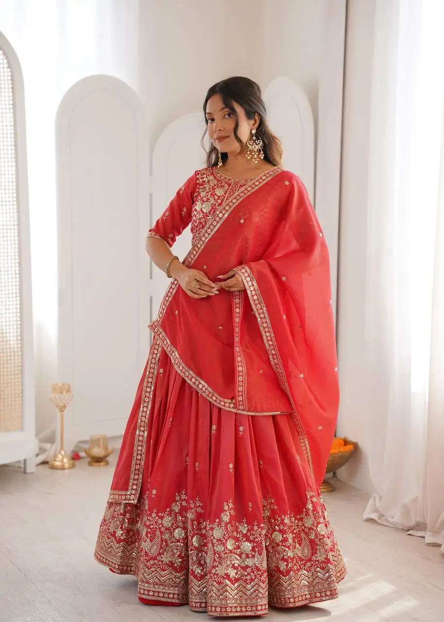 Heavy Shimmer Silk Embroidered Lehenga Set for Wedding and Festive Wear