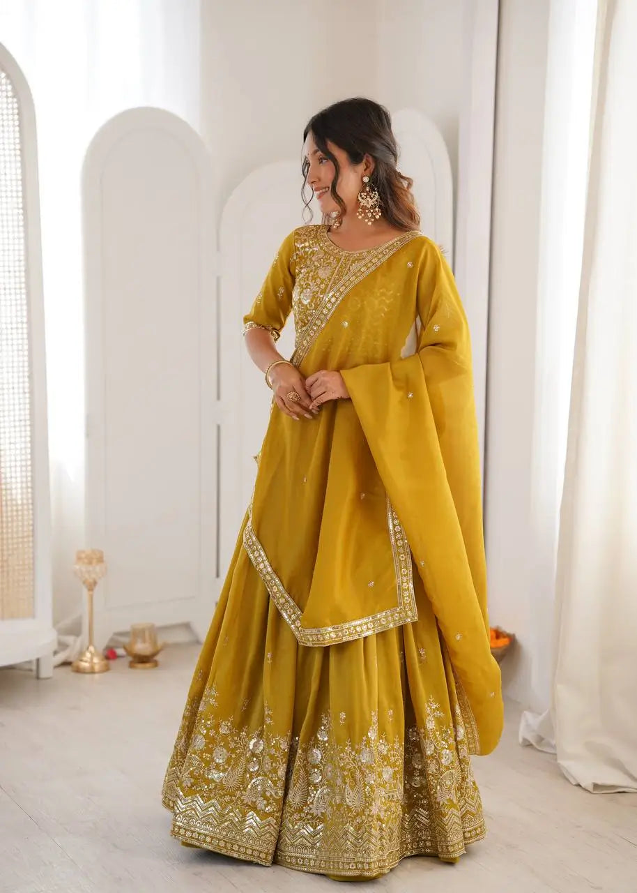Heavy Shimmer Silk Embroidered Lehenga Set for Wedding and Festive Wear