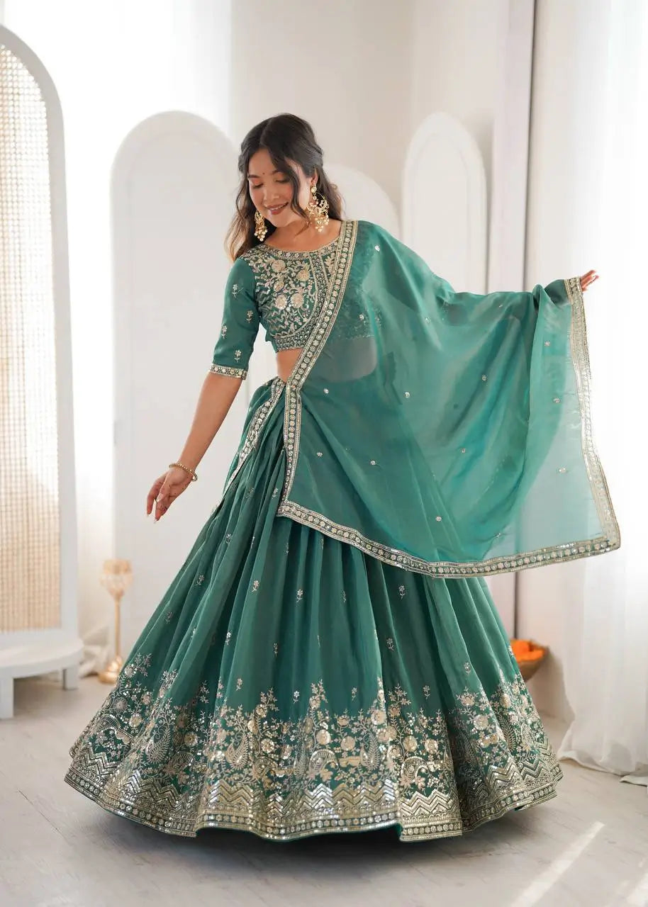 Heavy Shimmer Silk Embroidered Lehenga Set for Wedding and Festive Wear