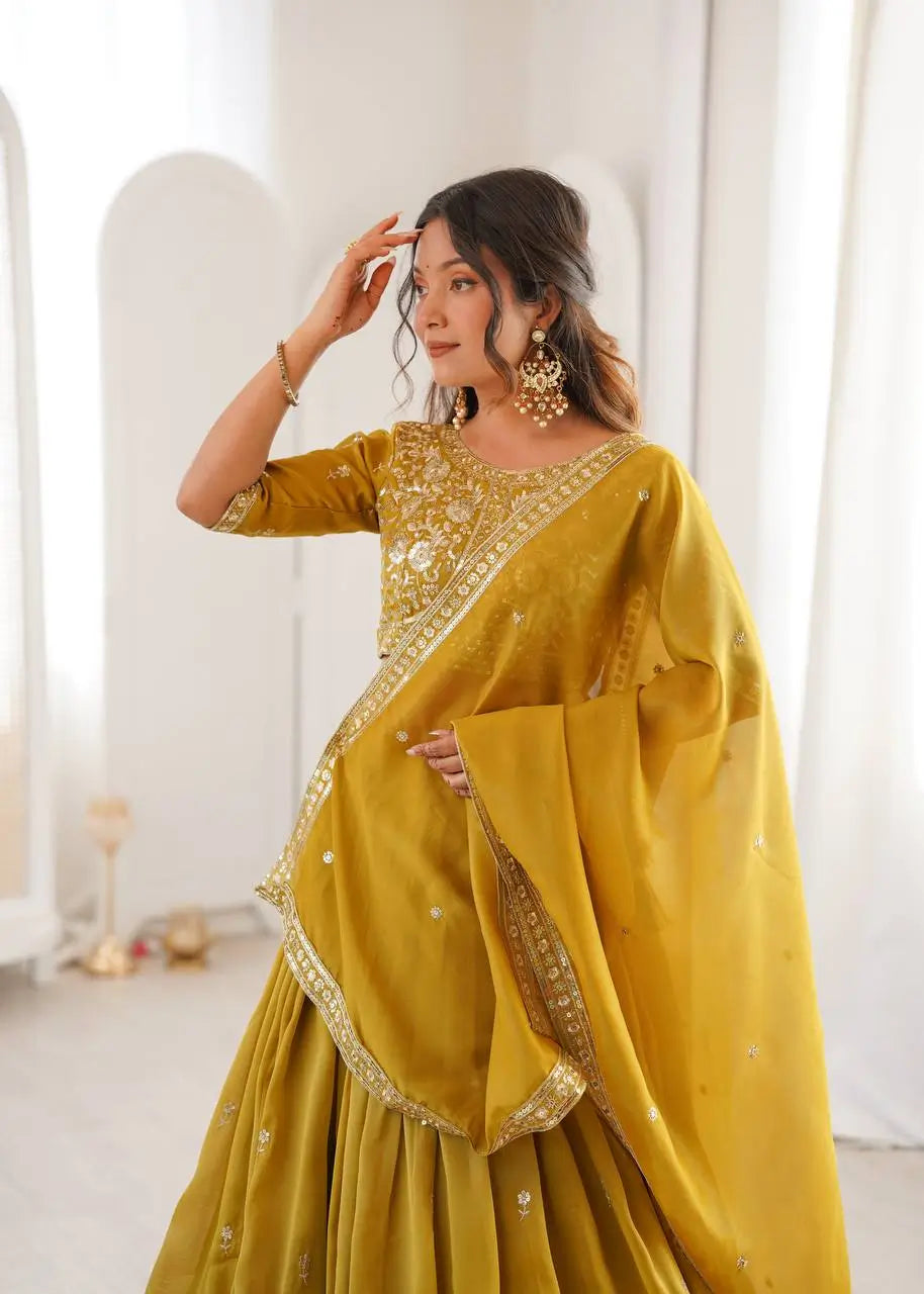 Heavy Shimmer Silk Embroidered Lehenga Set for Wedding and Festive Wear