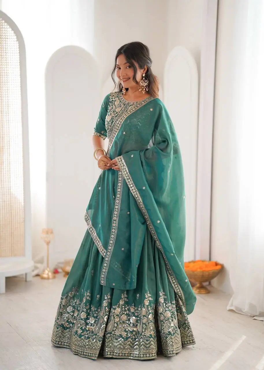 Heavy Shimmer Silk Embroidered Lehenga Set for Wedding and Festive Wear