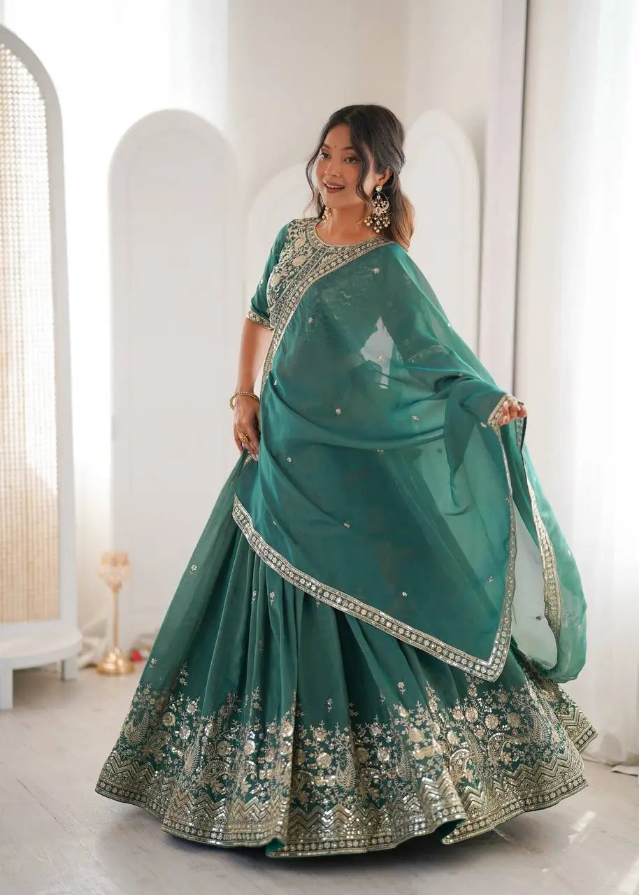 Heavy Shimmer Silk Embroidered Lehenga Set for Wedding and Festive Wear