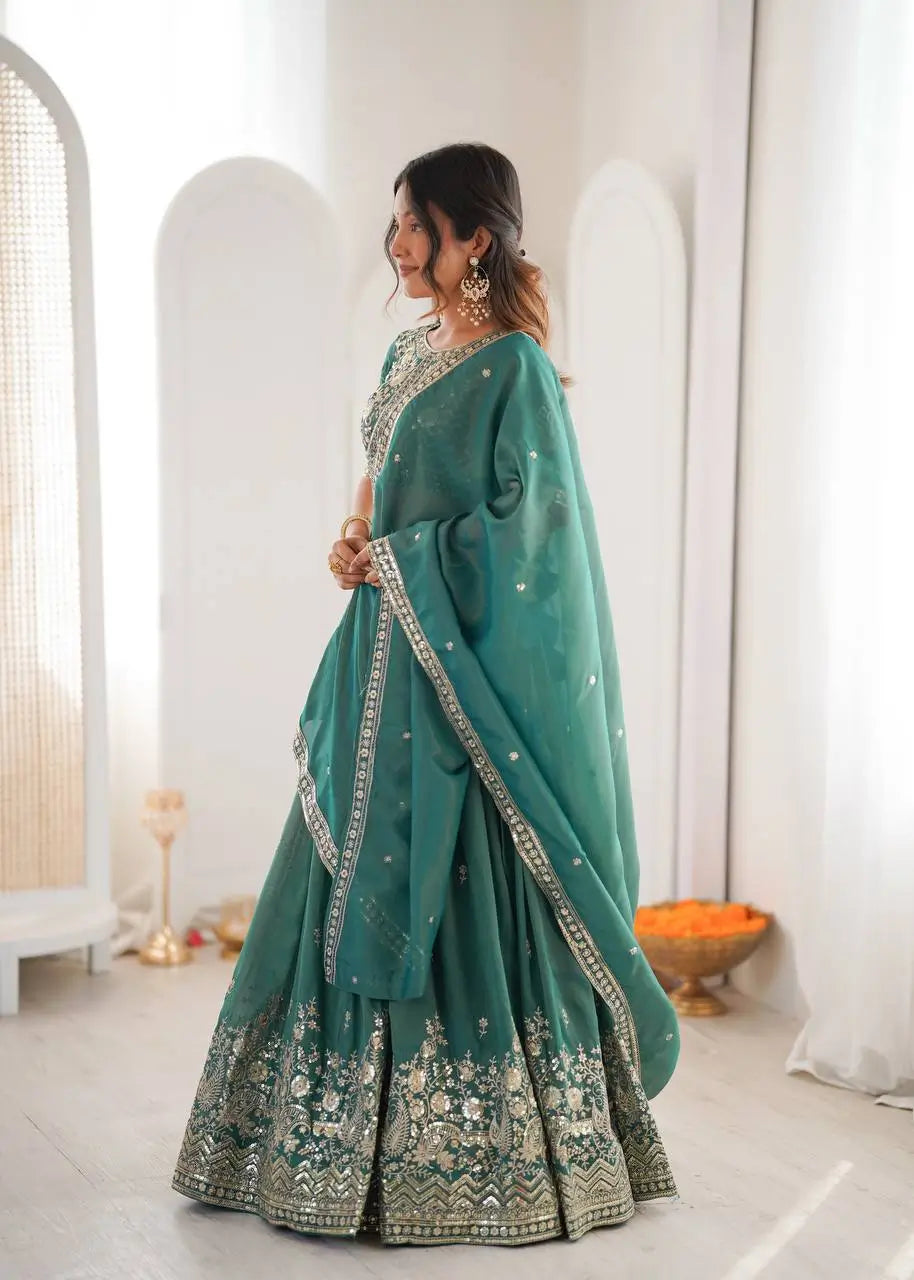 Heavy Shimmer Silk Embroidered Lehenga Set for Wedding and Festive Wear